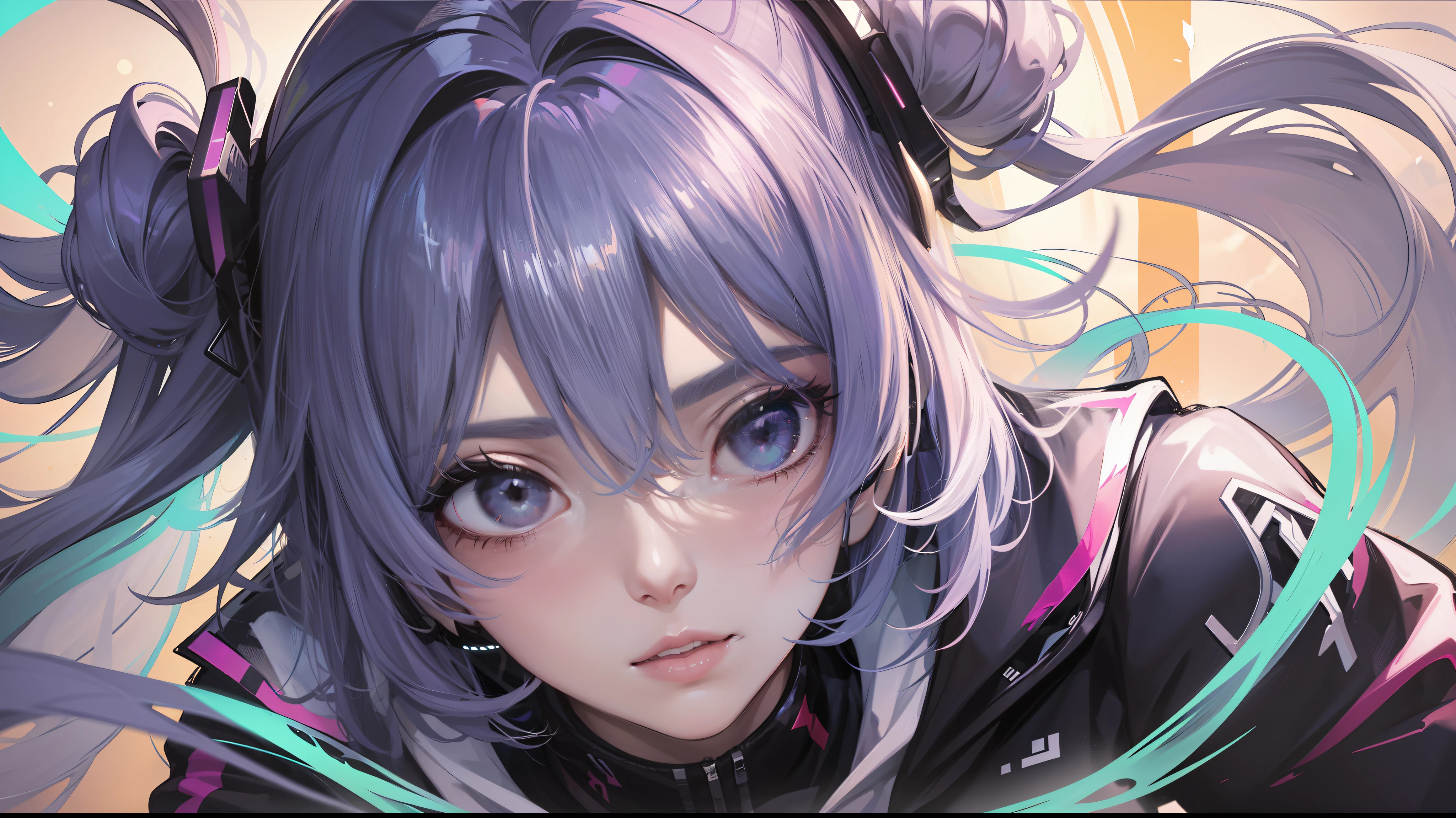 Woman with peace sense headset, closed eyes, beautiful face, RGB colors, bright purple hair, anime, bright background, banner for youtube video, happy girl, clouds with RGB colors, bright RGB colors.