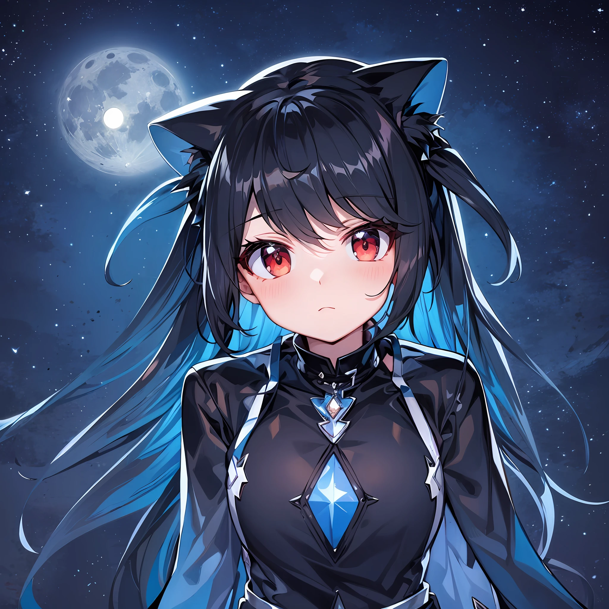 Black hair, space backdrop, big moon, red eyes, white shirt