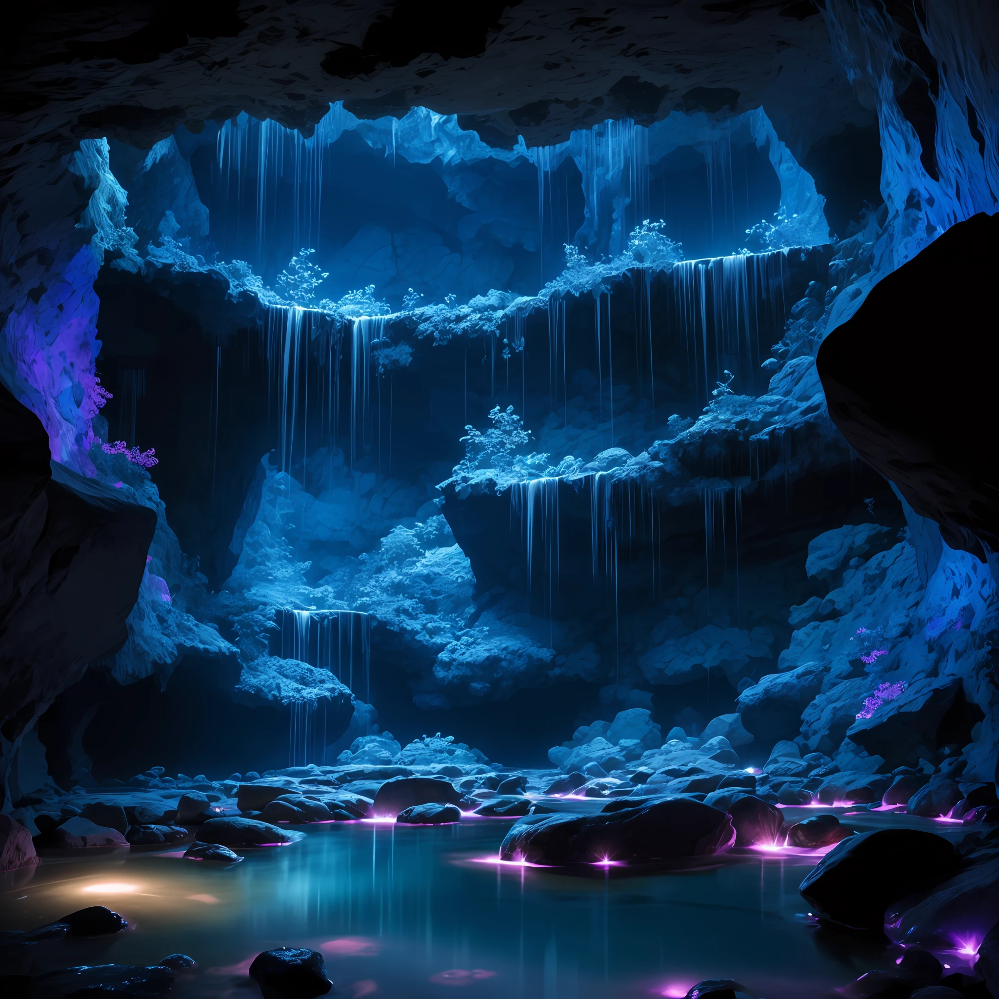 Cosmic crystals in a cave of lush black marble dream water pools that contain lights