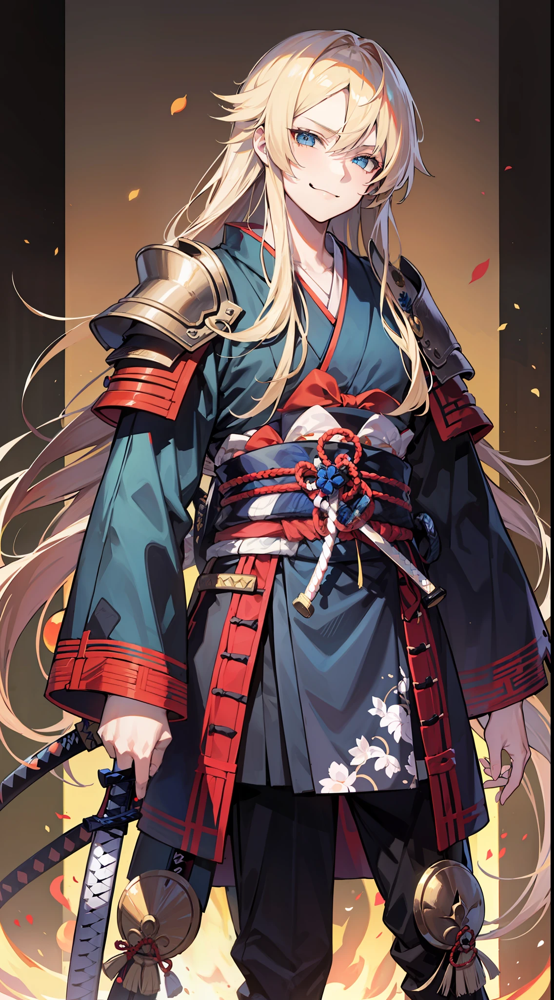 Tall guy, long blond hair, blue eyes, smirk, samurai clothes, sheathed katana, masterpiece, high quality