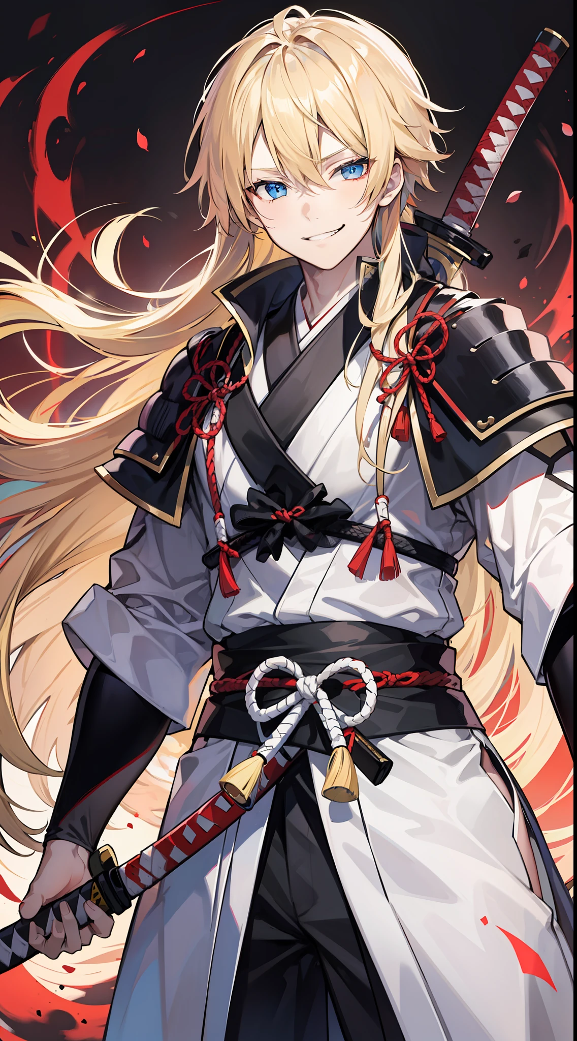 Tall guy, long blond hair, blue eyes, smirk, samurai clothes, sheathed katana, masterpiece, high quality
