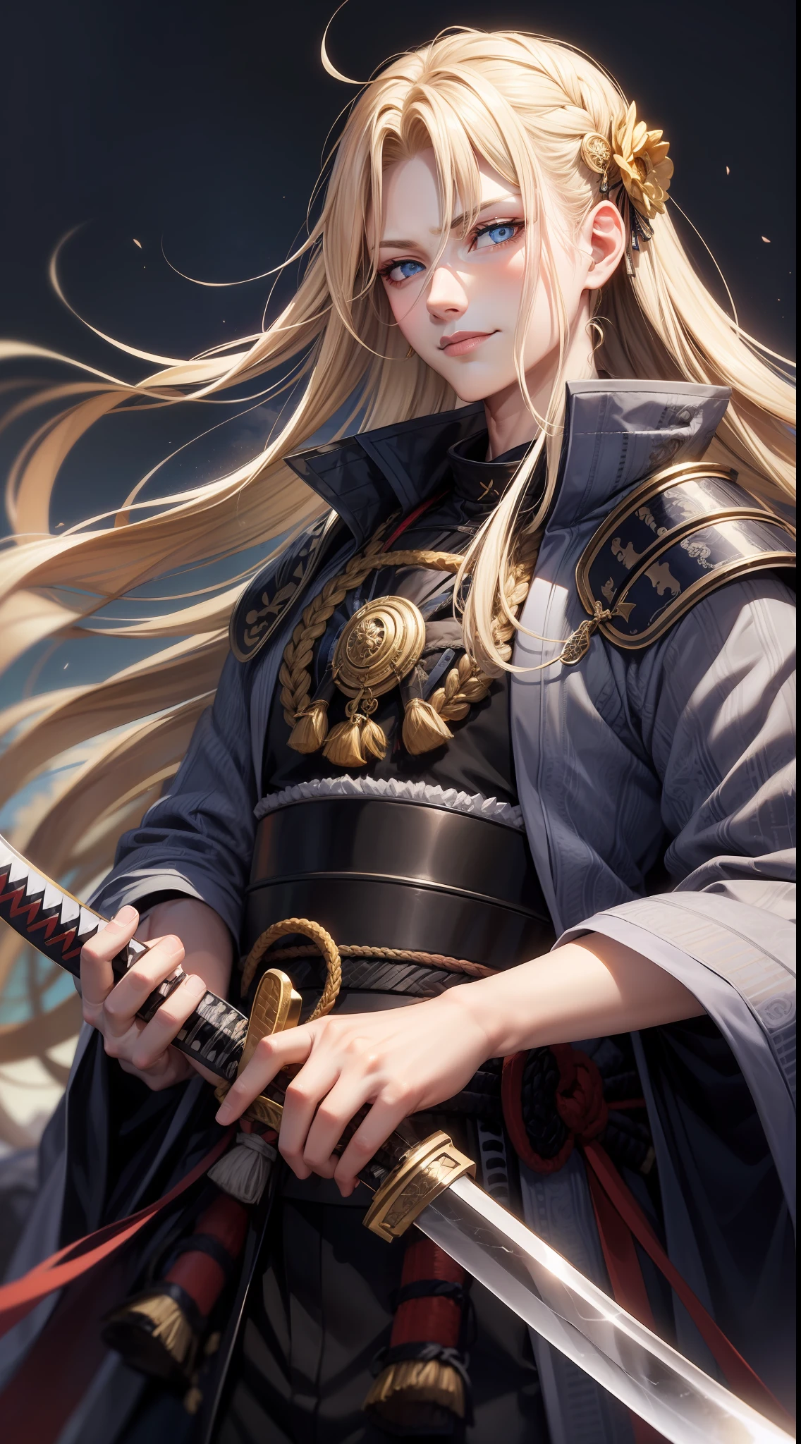 Tall guy, long blond hair, blue eyes, smirk, samurai clothes, sheathed katana, masterpiece, high quality