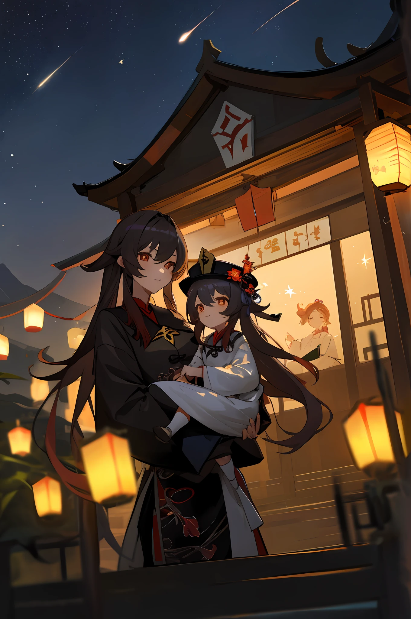 anime image of two women dressed in traditional china clothing in a night full of stars, palace a girl in hanfu, wlop and sakimichan, hat hu tao, long hair, Twintail, black haired deity, characters from azur lane, anime fantasy illustration, from the azur lane videogame, genshin, artwork in the style of guweiz, hu tao detailed art, two beautiful anime girls, mother and child, symbol of maternal love, mother and child, such as photos of mother and child, mischievous smile, starry night background , mother and son playing in traditional chinese house, Lanterns, sat looking at the view of china town