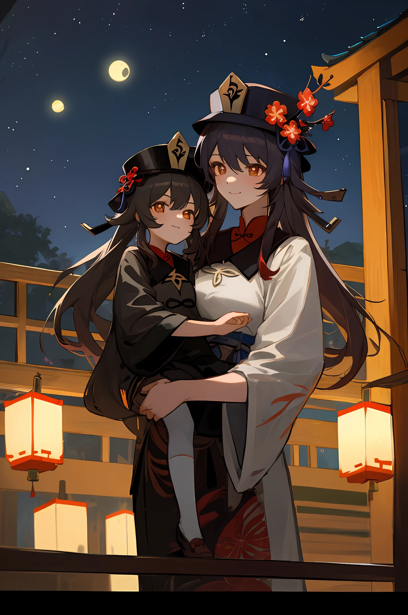 anime image of two women dressed in traditional china clothing in a night full of stars, palace a girl in hanfu, wlop and sakimichan, hat hu tao, long hair, Twintail, black haired deity, characters from azur lane, anime fantasy illustration, from the azur lane videogame, genshin, artwork in the style of guweiz, hu tao detailed art, two beautiful anime girls, mother and child, symbol of maternal love, mother and child, such as photos of mother and child, mischievous smile, starry night background , mother and son playing in traditional chinese house, Lanterns, sat looking at the view of china town