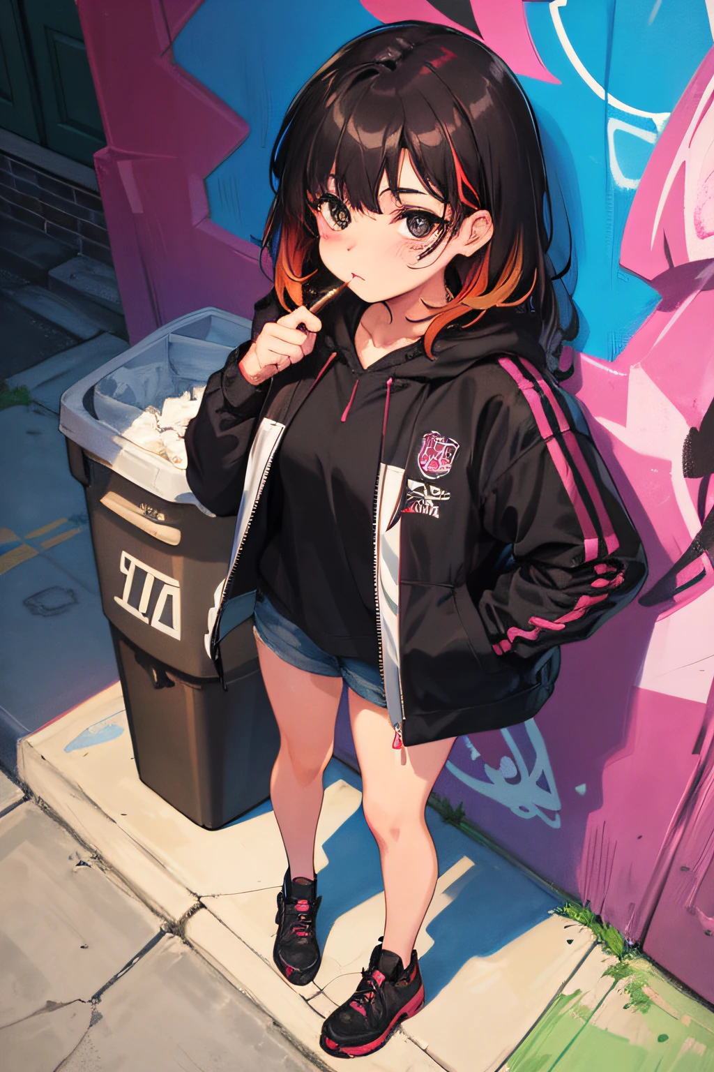 Original characters, volume lighting, best shadows, shallow depth of field, amazingly beautiful portrait of a girl, petite, seductive black eyes, delicate and beautiful attractive face, messily painted face, black hair, red hair, multicolored hair, gradient hair, blush eyeshadow, dark eyelashes, oversized pop jacket, graffiti alley, trash can, exterior stairs, Outdoor unit, standing, (top quality, great detail: 1.25), (solo: 1.3), vivid colorful painting