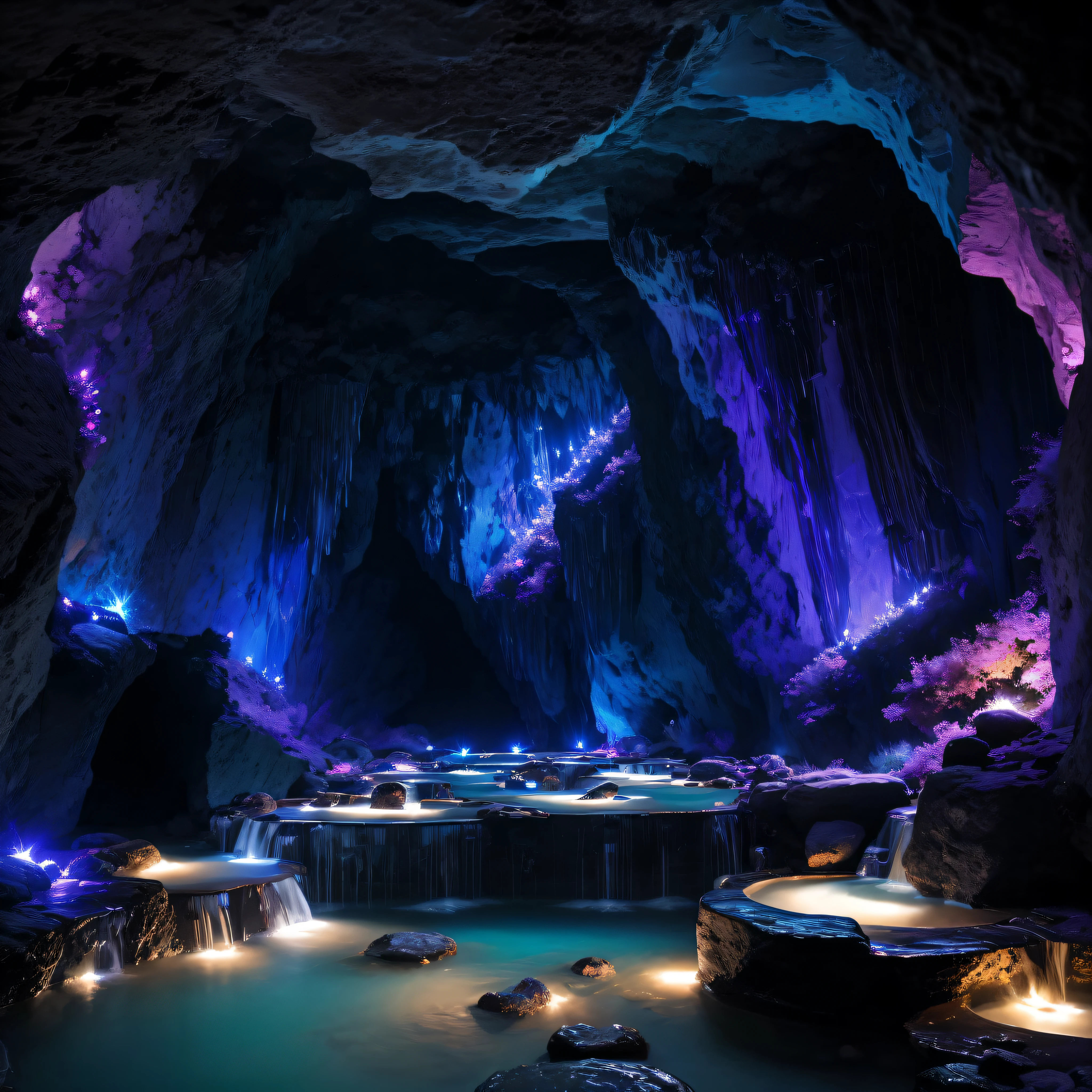 Cosmic crystals in a cave of lush black marble dream water pools that contain lights