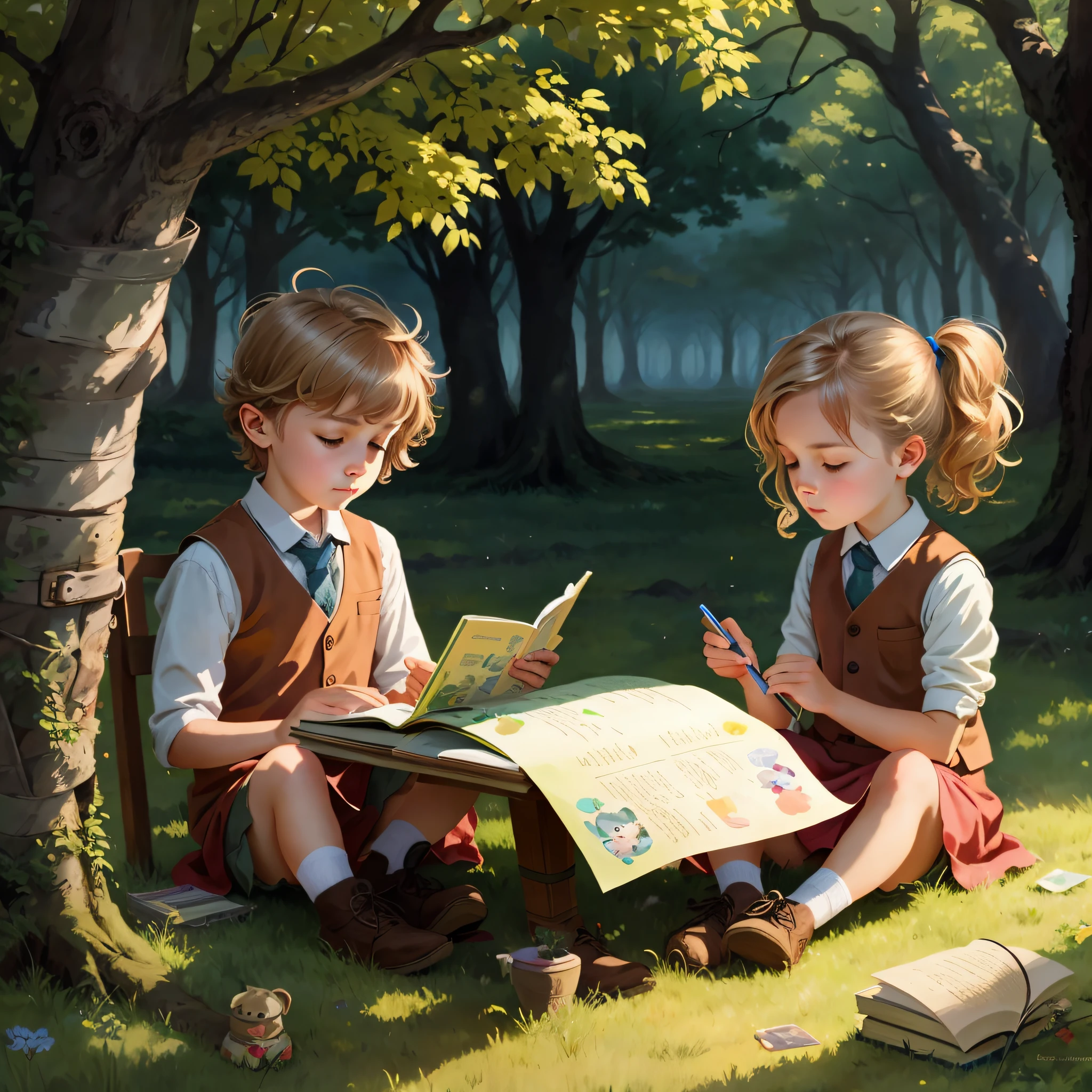 there are two children sitting on the grass reading a book, childrens art in artstation, wlop and andrei riabovitchev, wlop and sakimichan, adorable digital painting, loish and wlop, wlop and ross thran, tuomas korpi and wlop, wlop and ross tran, storybook art, fantasy book illustration