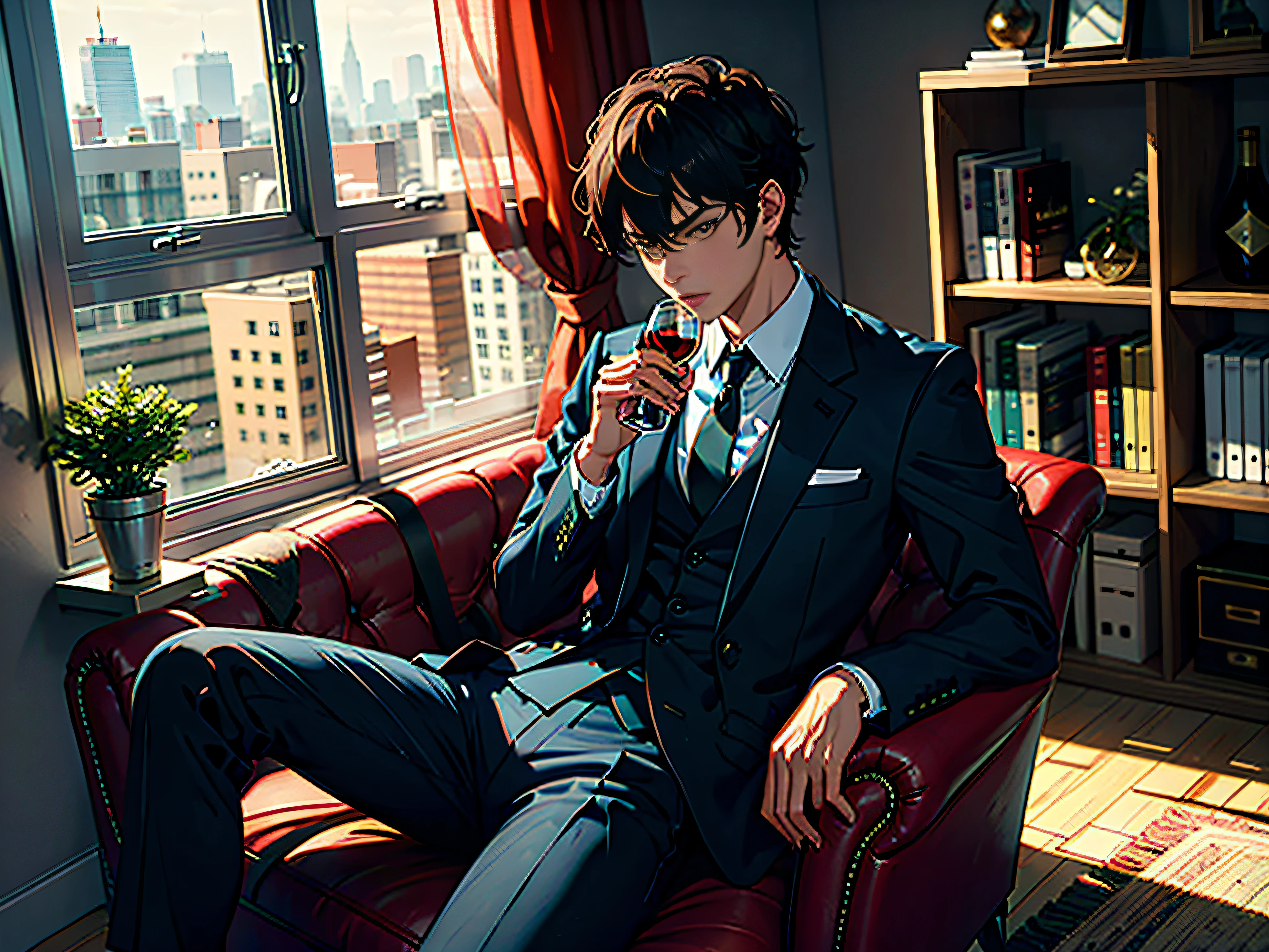 A handsome boy, sitting on a luxury sofa in the office, behind a floor-to-ceiling window, with a serious face, looking straight ahead, wearing a black suit and shirt, holding red wine in his hand