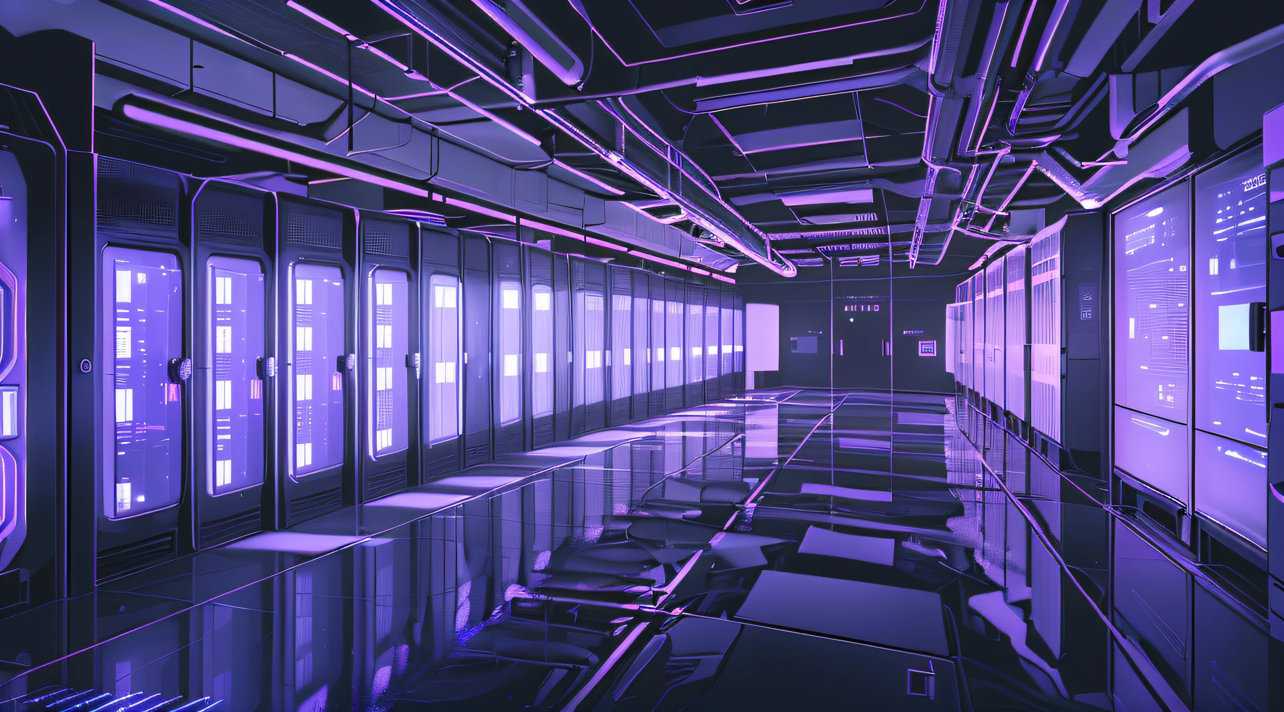 there are many windows in the room with purple lights, in realistic data center, futuristic cloning facility, background is data server room, extreamly detailed data center, futuristic laboratory, futuristic hall, cyberpunk with neon lighting, in futuristic laboratory room, cyberpunk interior, sci - fi interior, spaceship hallway background, in detailed data center, cyberpunk basement, data center