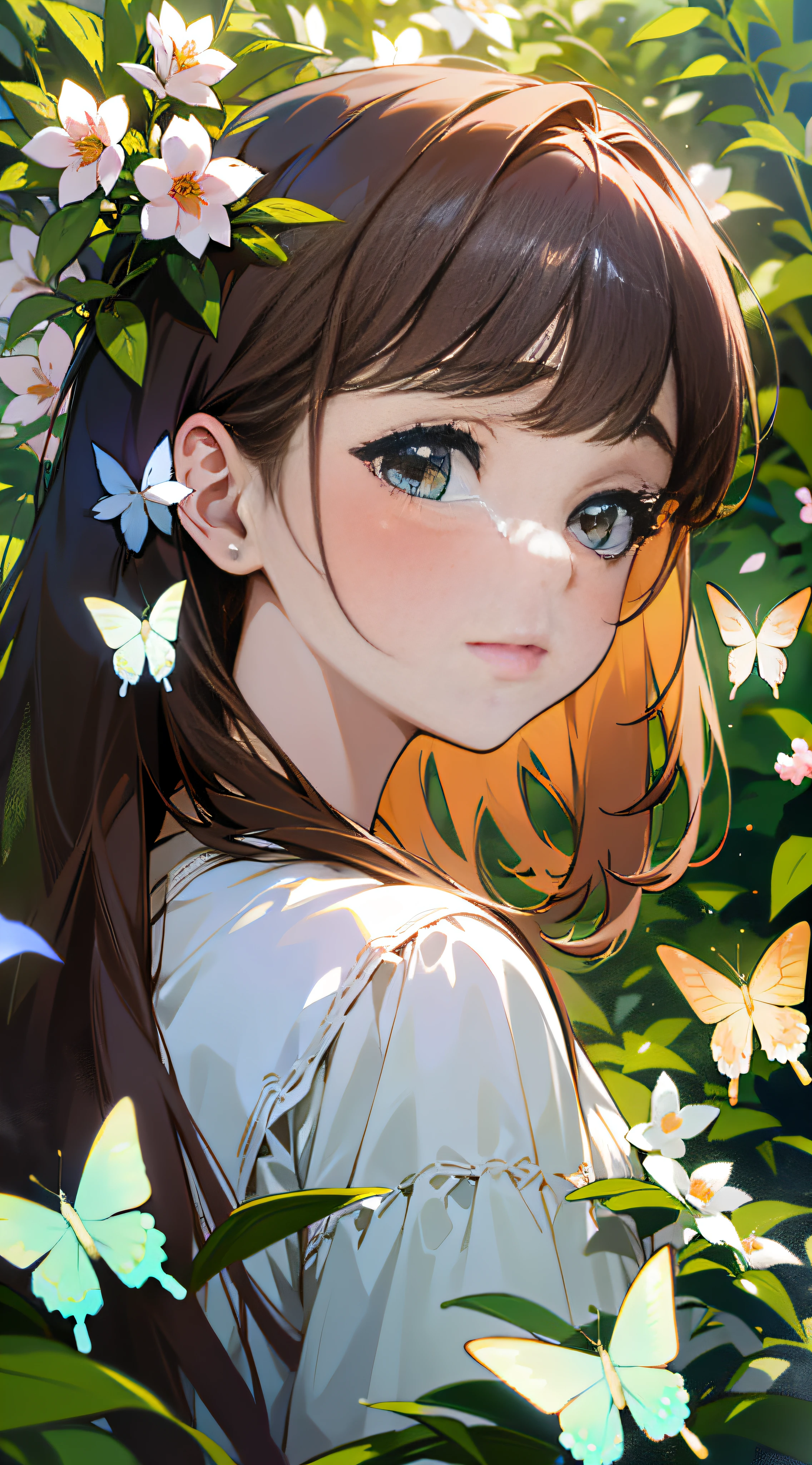 (best quality, masterpiece, ultra-realistic), portrait of 1 beautiful and delicate girl, with a soft and peaceful expression, the background scenery is a garden with flowering bushes and butterflies flying around.