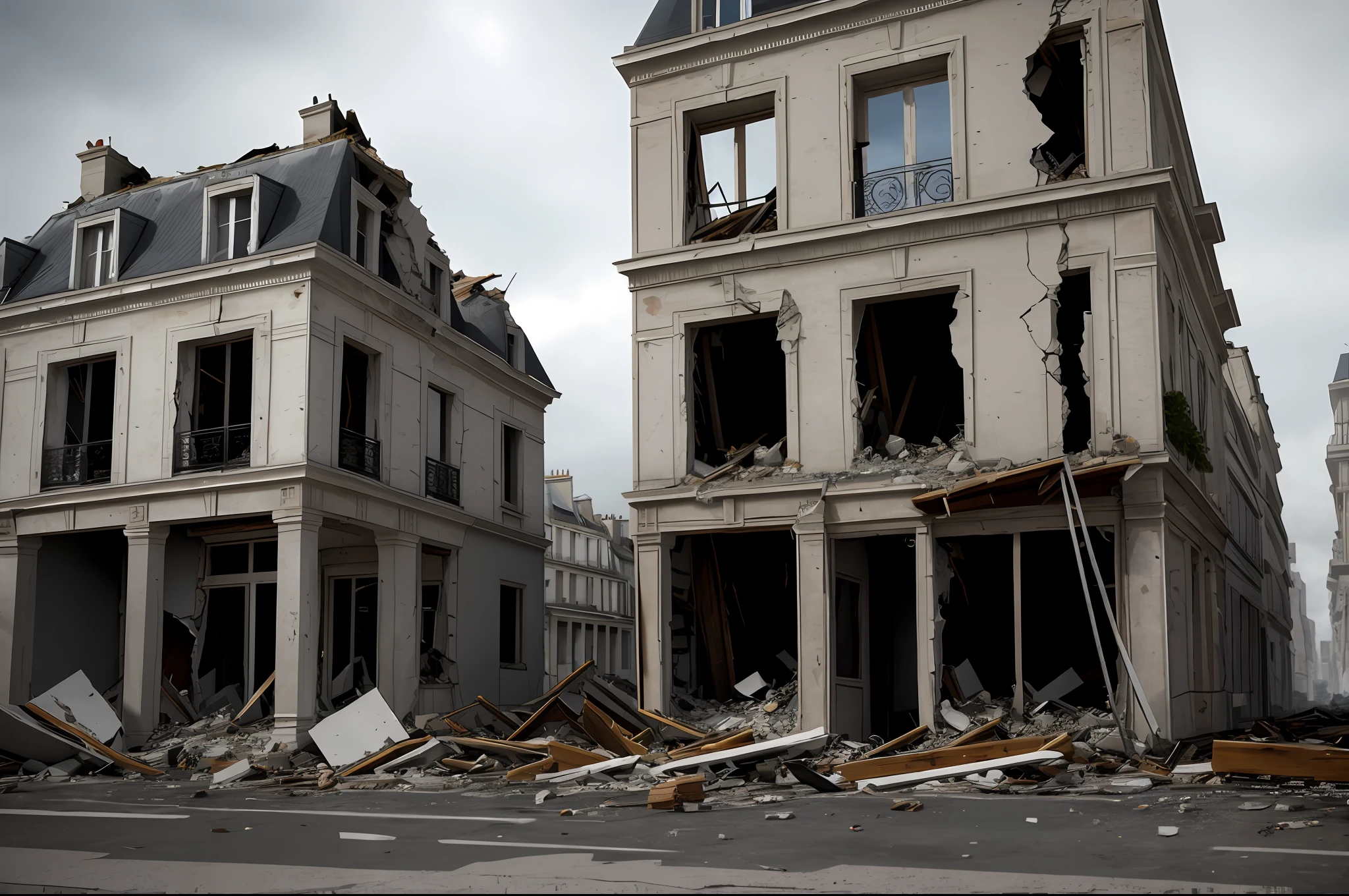 Paris Ruined houses with crumbling buildings and debris-filled streets, depicting the aftermath of destruction,  Ultra 8k texture quality,grey weather, Realism,cinematic lighting, volumetric lighting,detailed,Background blur