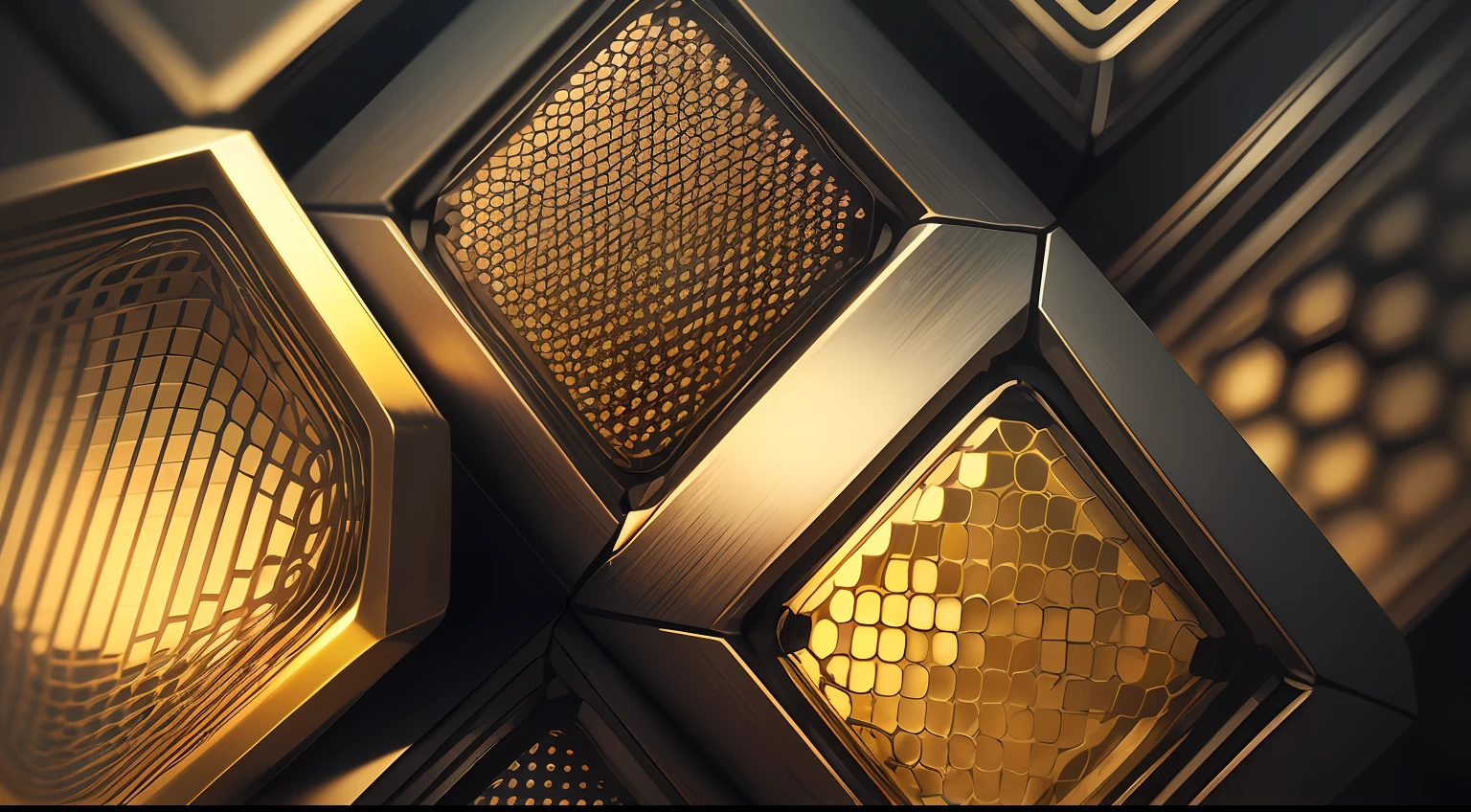 Generate an abstract hexagonal metal background with the inclusion of light. The image should showcase a hexagonal pattern with a metallic texture, appearing sleek and modern. The hexagons can vary in size and be arranged in an intricate and visually appealing manner. The metallic surface should reflect light, creating a dynamic and captivating effect. The lighting should be strategically placed to highlight certain areas, adding depth and dimension to the image. The overall aesthetic should be polished and futuristic, making it suitable for a variety of design projects, such as technology, branding, and digital art.