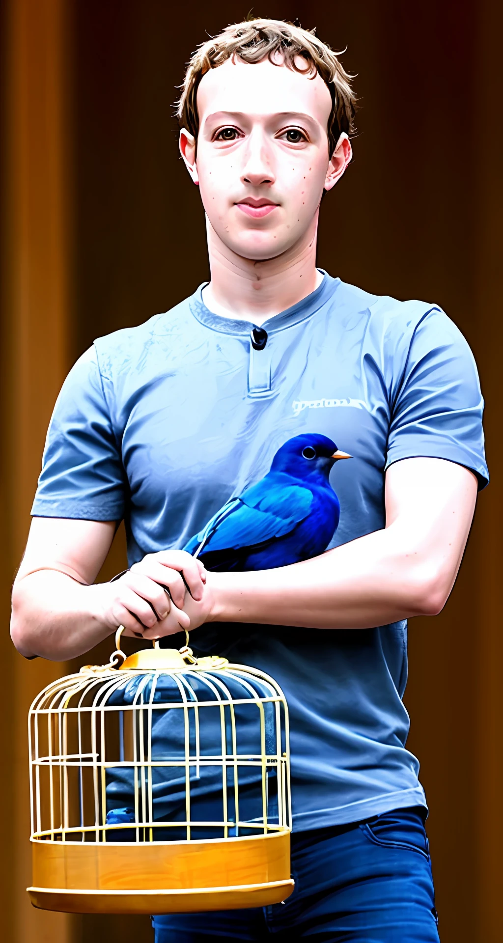 Mark Zuckerberg, holding a cage with blue bird 🐦 attached