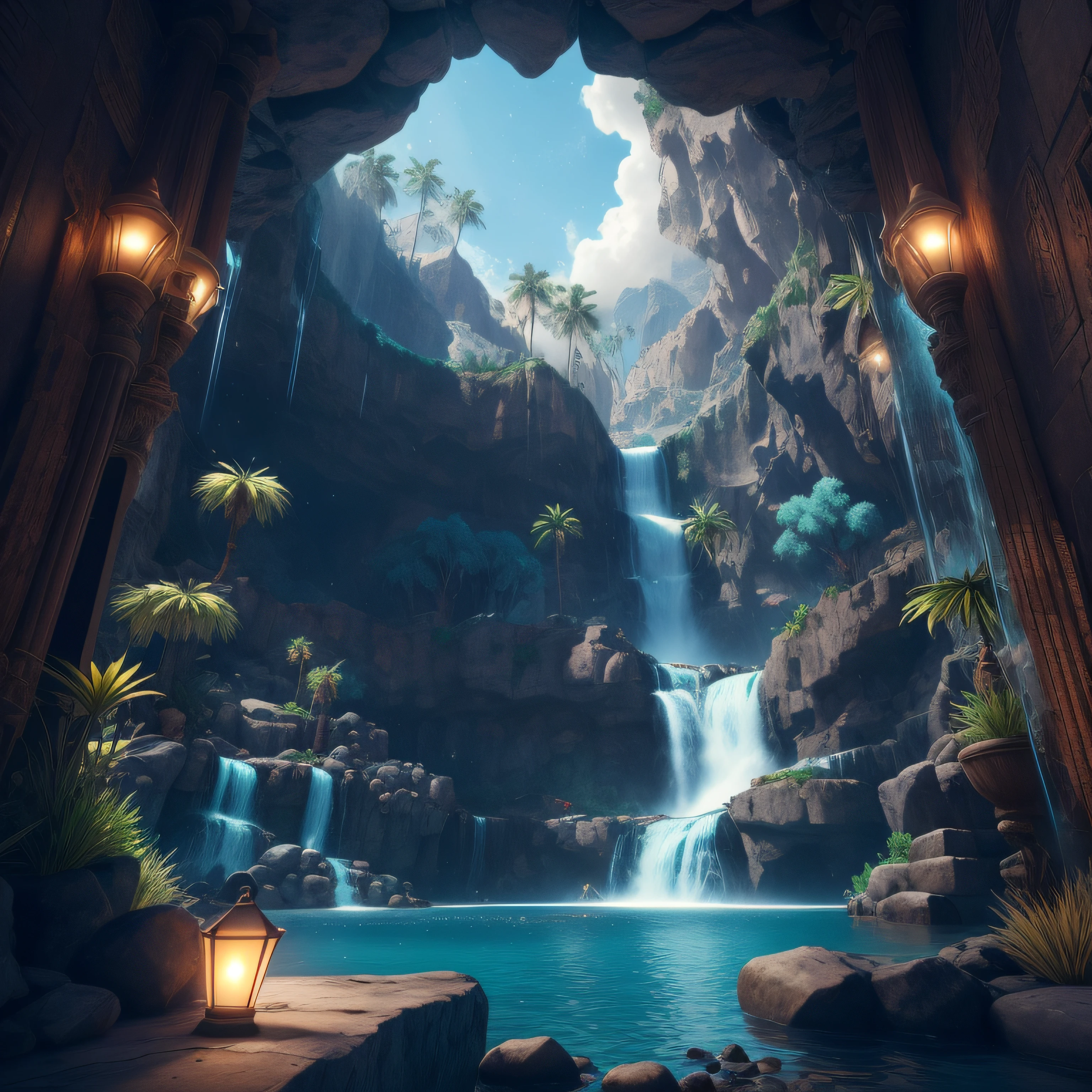 incredible Na'vi-inspired luxurious futuristic store interior in Ancient Egyptian style with many ((lush plants)), (lotus flowers), ((palm trees)), rocky walls, (sand), ((waterfalls)), (marble), ((precious minerals)), ((metals)), (gemstones), crystals, clouds and ((water)), (hieroglyphics), ((trees and plants made out of gemstones and precious minerals and lights)), (((ultra luxury))), (black marble) with ((beautiful lights)), Unreal Engine, UHD, 64k