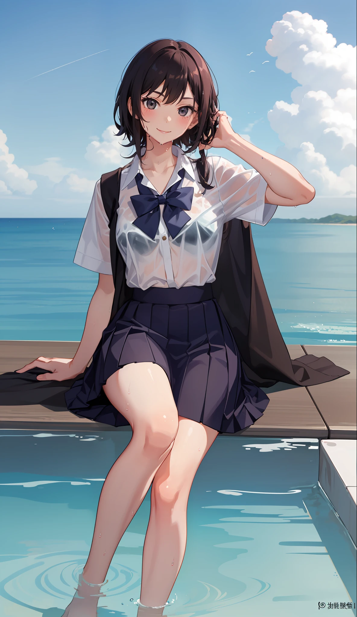 1 girl, smile, shirt, skirt, (small) chiralism, Japan high school school uniform, seravuk, summer clothes, squall-wet uniform, sheer bra, (portrait from knee up),