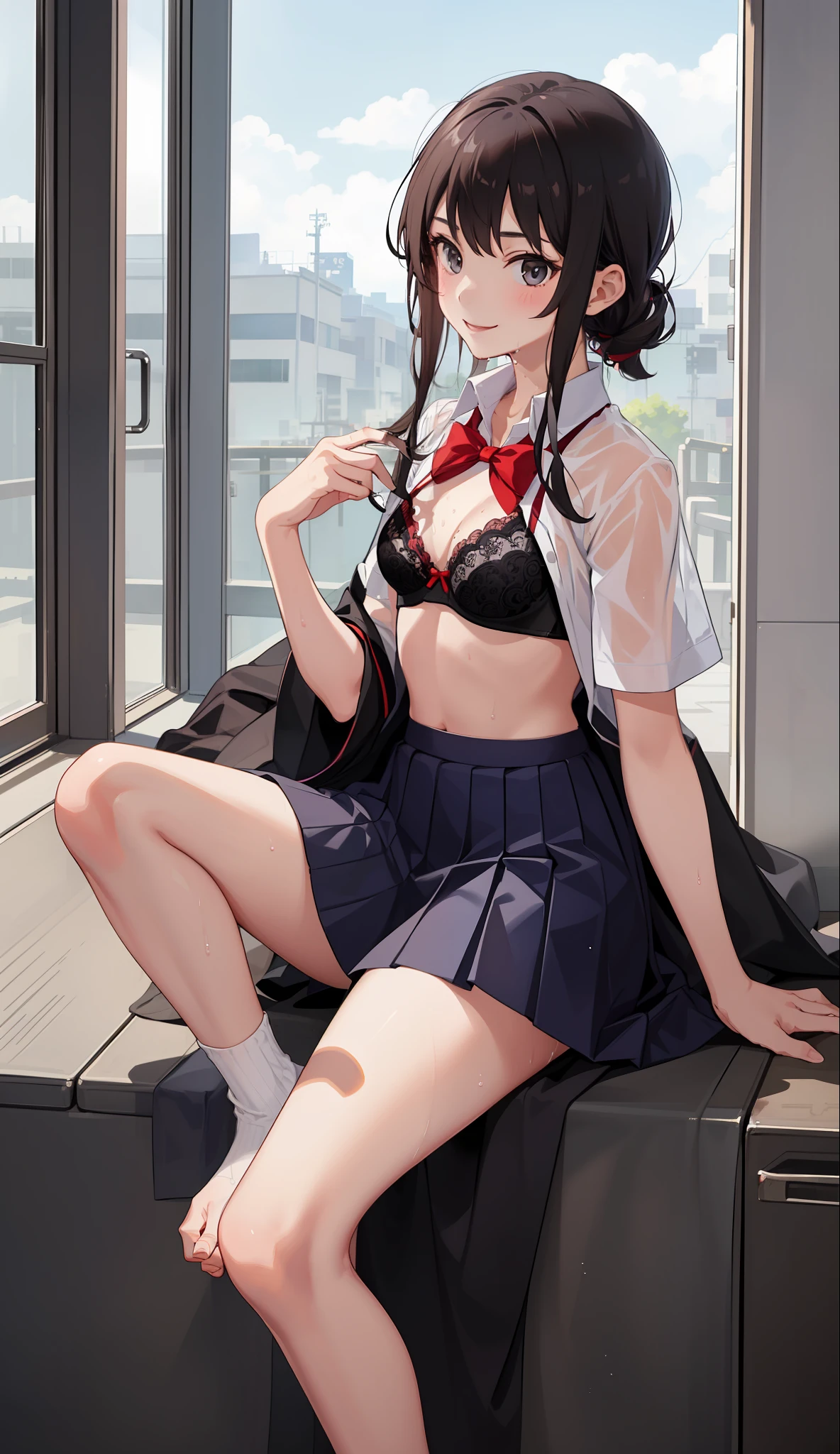 1 girl, smile, shirt, skirt, (small) chiralism, Japan high school school uniform, seravuk, summer clothes, squall-wet uniform, sheer bra, (portrait from knee up),