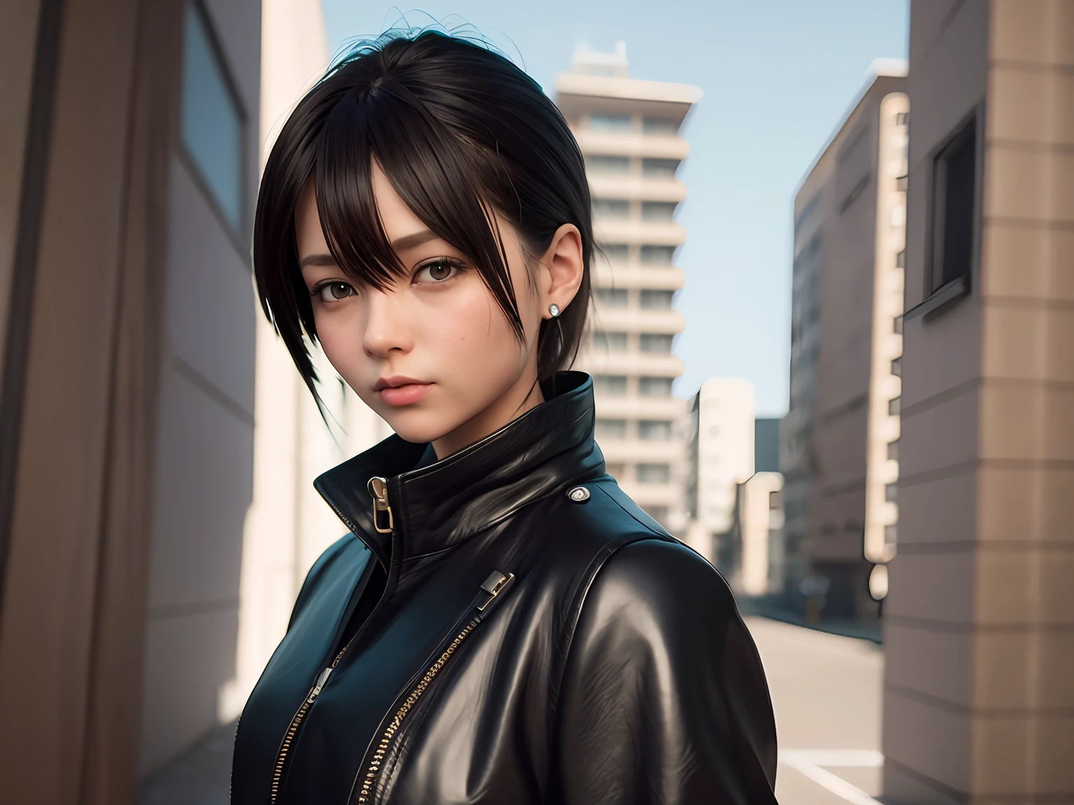 (((without background))), arafe woman in leather jacket reading manga, photorealistic anime girl rendering, perfect android girl, realistic anime 3d style, photorealistic anime, 3d anime realistic young anime girl, smooth anime cg art, real life anime girl, charming anime girls, hyper realistic anime, female cyberpunk anime girls, cyberpunk anime girls, realistic anime art style