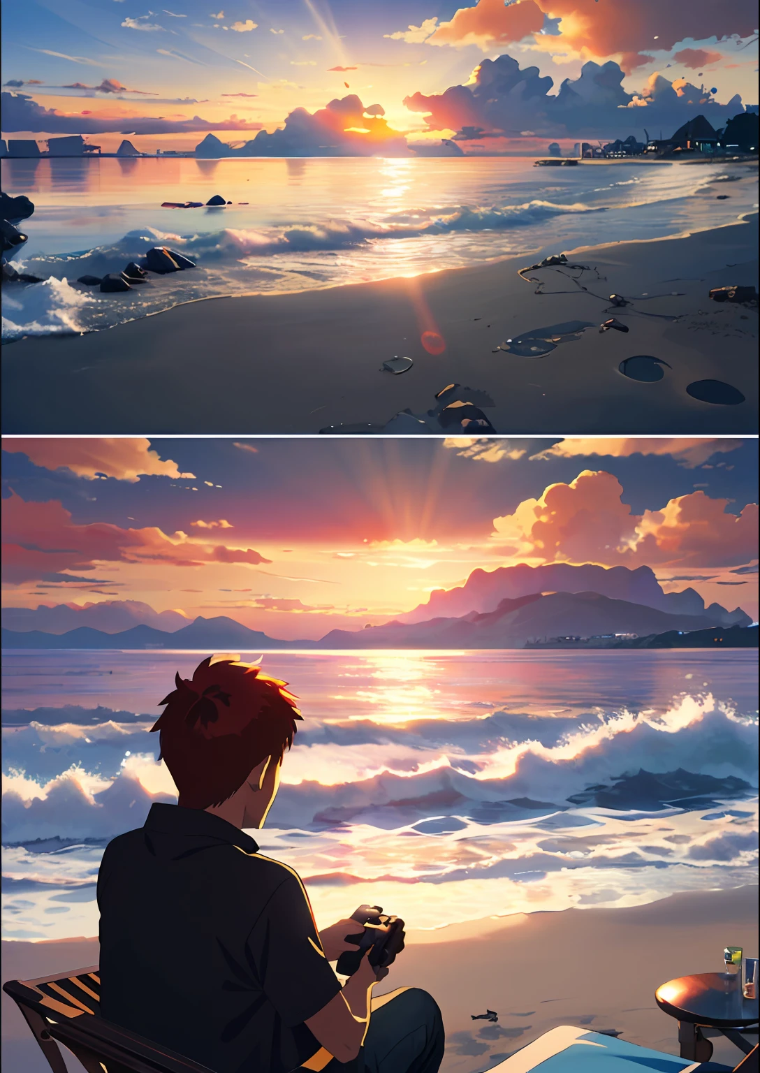 Okay, here's an example of Prompt optimized in Spanish for Stable Diffusion:

"(masterpiece, exceptional quality, amazing sunset on the beach, 1 red-haired boy enjoying video games)"