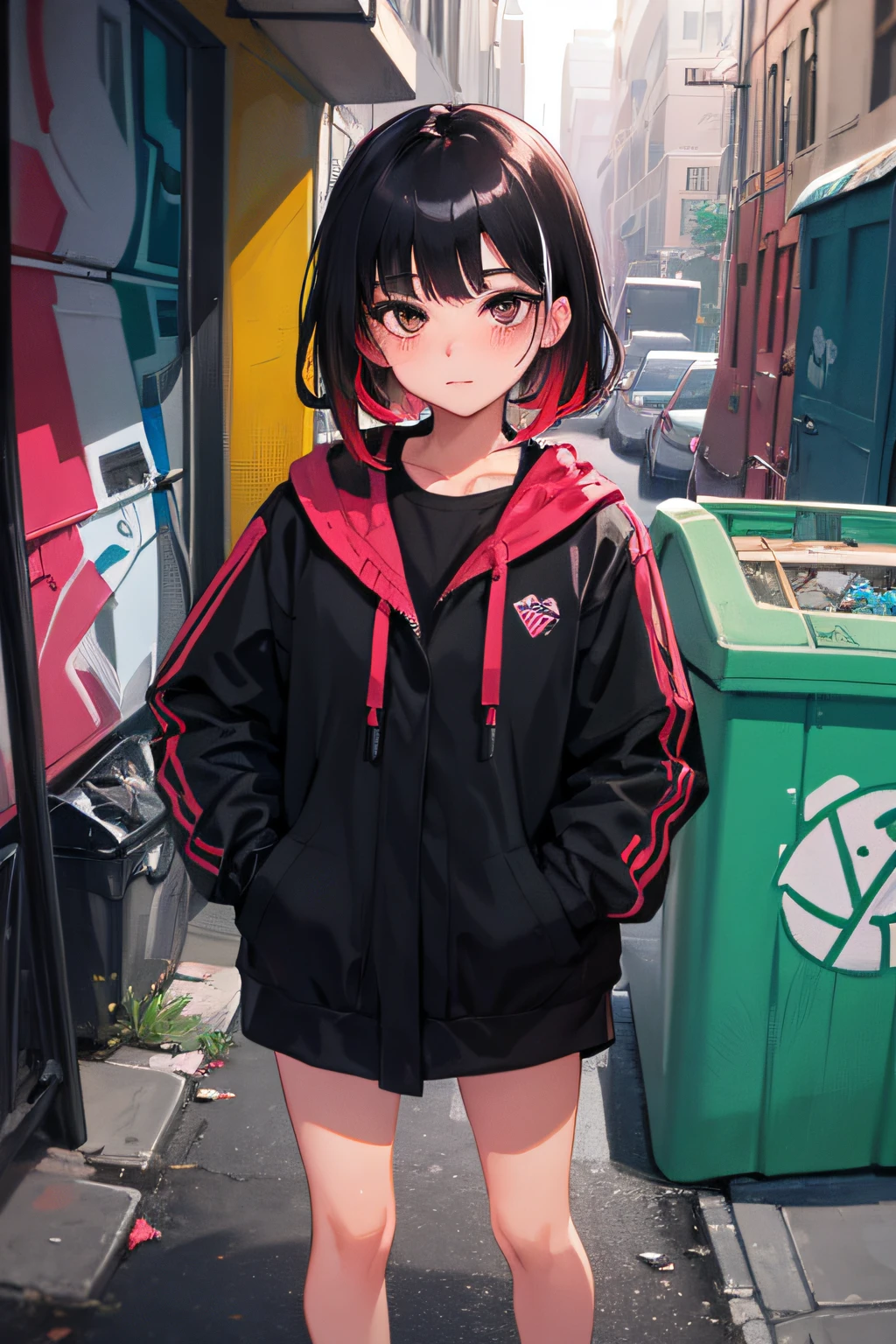 Original characters, volume lighting, best shadows, shallow depth of field, amazingly beautiful portrait of a girl, delicate and beautiful attractive face with petite and seductive black eyes, messily painted face, black hair, red hair, multicolored hair, gradient hair, blush eyeshadow, dark eyelashes, oversized pop jacket, graffiti alley, trash can, exterior stairs, Outdoor unit, standing, (top quality, great detail: 1.25), (solo: 1.3), vivid colorful painting