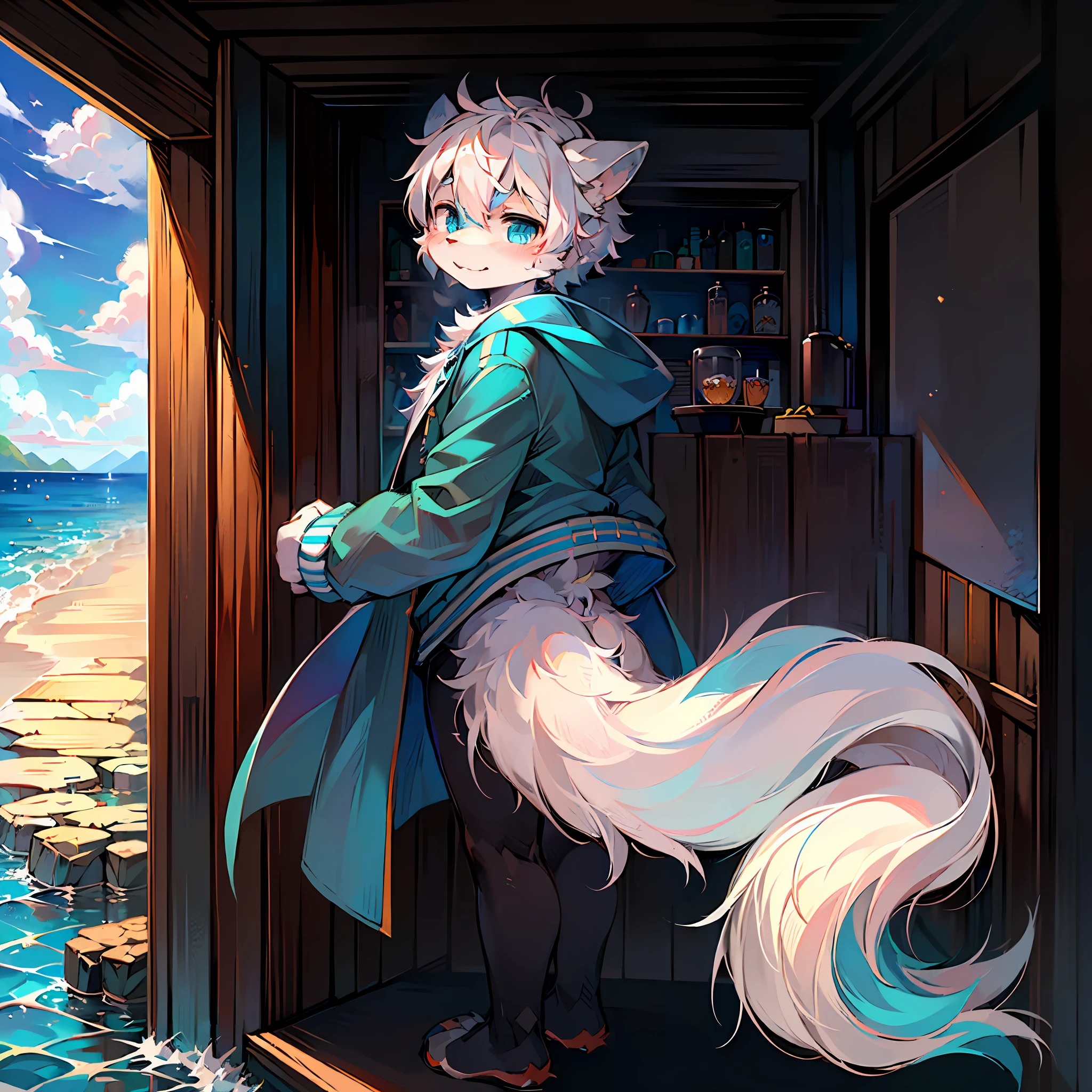 (Bright environment: 0.8), masterpiece, high quality)res, digital painting\(artwork\), by dagasi, yupa, kiyosan, (anthro, fluffy fur, character focus: 1.1), anthro male cat, short hair, portrait, bright eyes, Panorama, character focus. (detailed background: 0.7), solo, furry, furry male, male focus, anthr, (full body fur, fluffy tail, white fur, blue eyes, white hair, white wolf ears, white face, white body hair: 1.2), (canids, wolves), (wearing a blue and white jacket: 1.1) (sea background, standing on the sea: 1.1) (blue dragon horns on the head: 1.1)