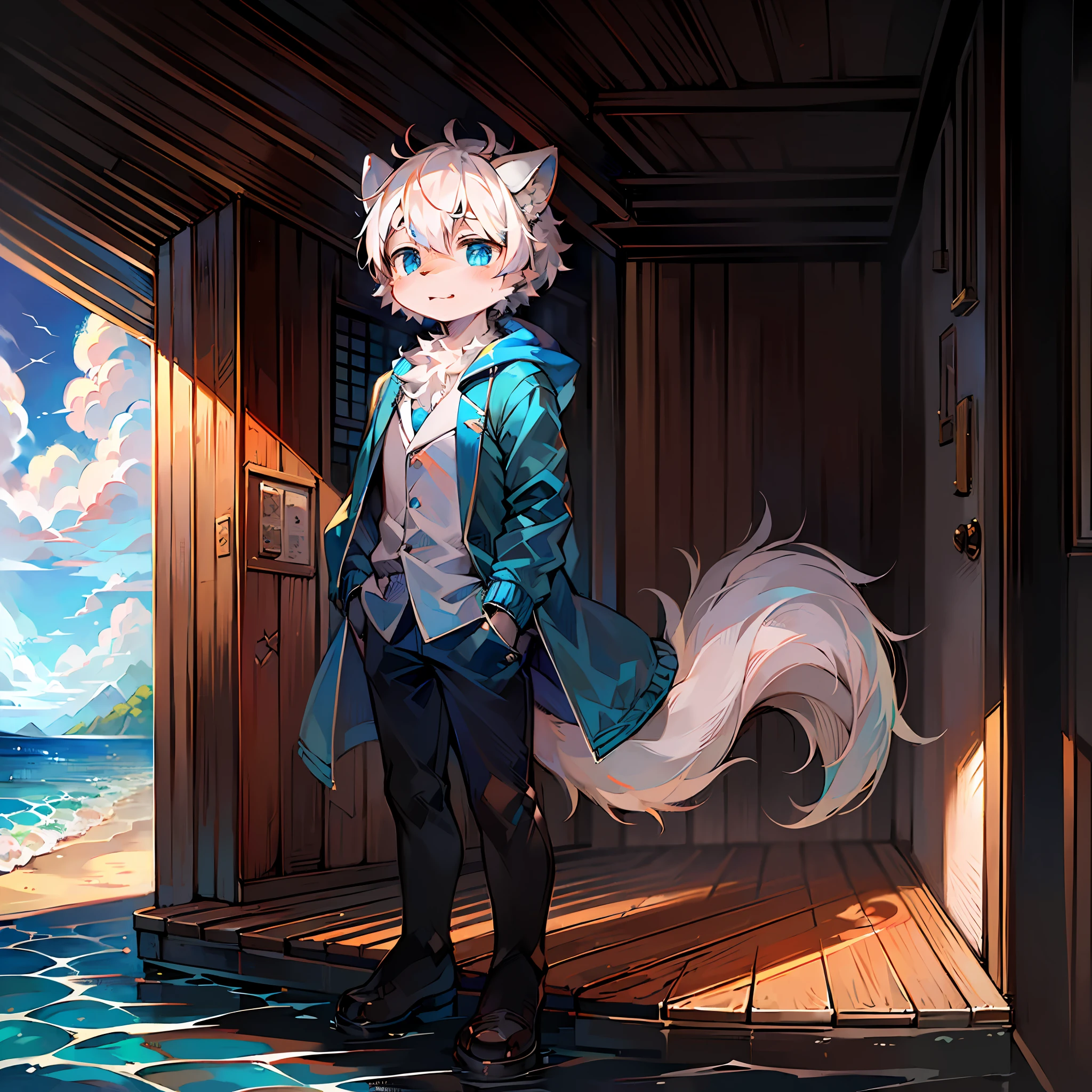 (Bright environment: 0.8), masterpiece, high quality)res, digital painting\(artwork\), by dagasi, yupa, kiyosan, (anthro, fluffy fur, character focus: 1.1), anthro male cat, short hair, portrait, bright eyes, Panorama, character focus. (detailed background: 0.7), solo, furry, furry male, male focus, anthr, (full body fur, fluffy tail, white fur, blue eyes, white hair, white wolf ears, white face, white body hair: 1.2), (canids, wolves), (wearing a blue and white jacket: 1.1) (sea background, standing on the sea: 1.1) (blue dragon horns on the head: 1.1)