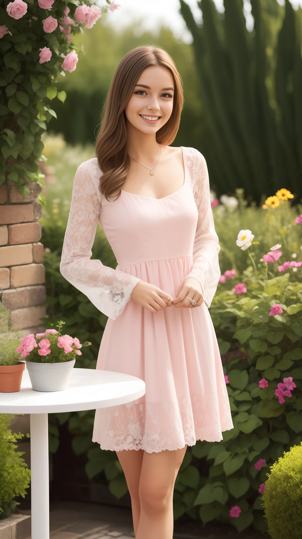 French Woman, 22 years old, wearing a sleeve less pink dress, smiling, outside, table, garden