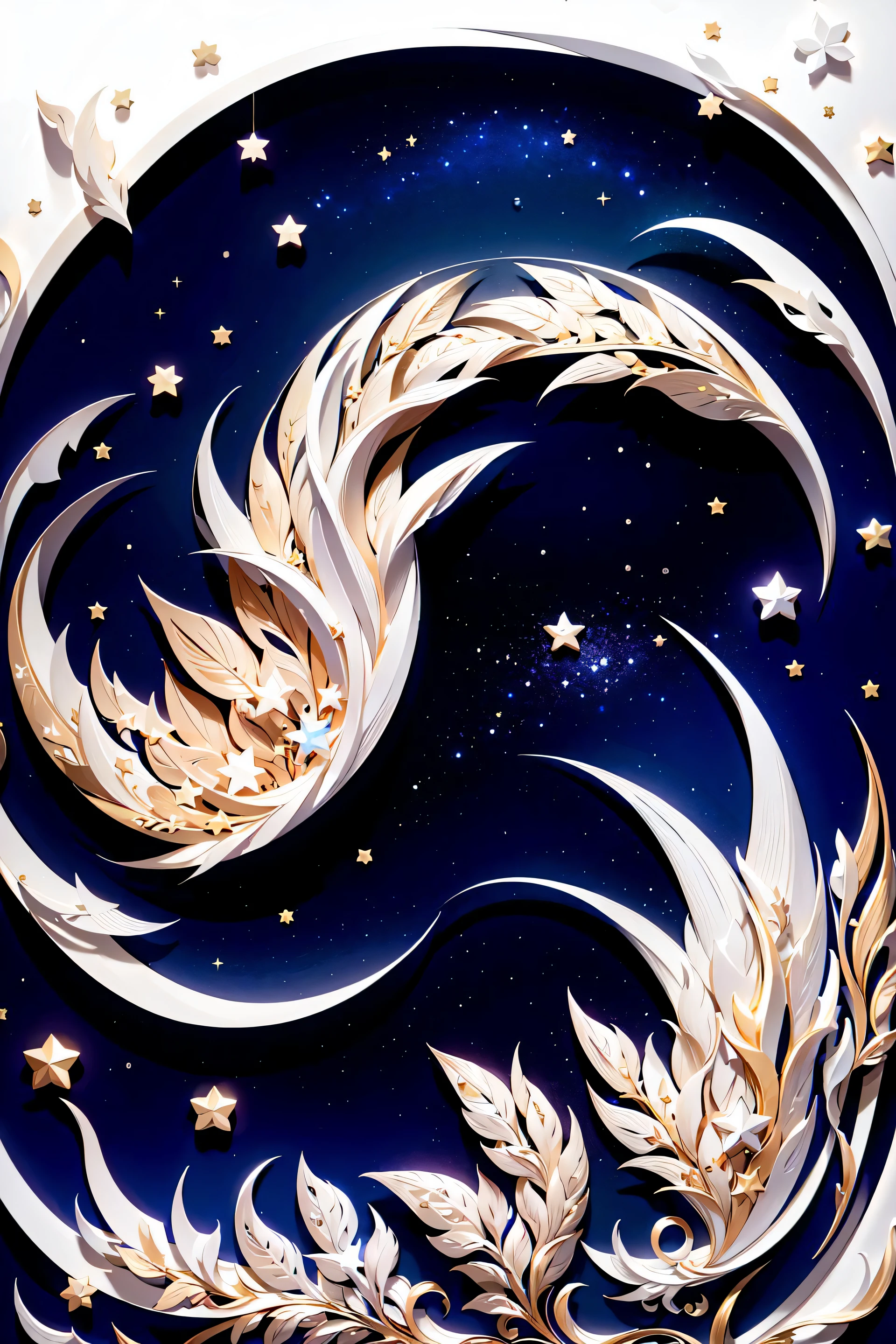 masterpiece, best quality, high resolution, ultra detailed, dark night, constellation, crescent moon, galaxy, glasses, gradient sky, milky way, partially underwater shot, starry background, starry sky, starry sky print,twilight,(paper_cut:1.15), (white background:1.2),