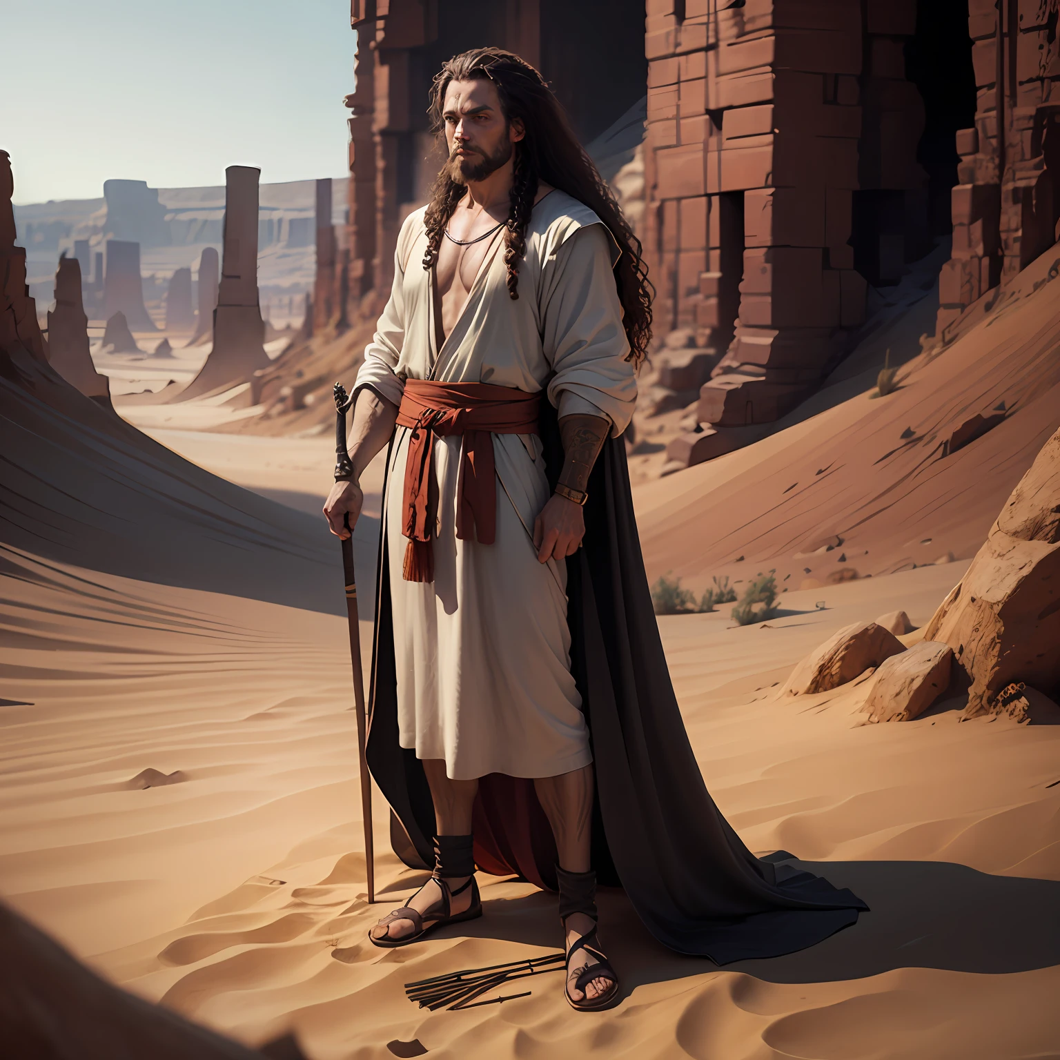 long-haired John the Baptist wearing a long tunic holding a cedar staff in the Judean desert, realistic ultra realistic image, 8k --auto