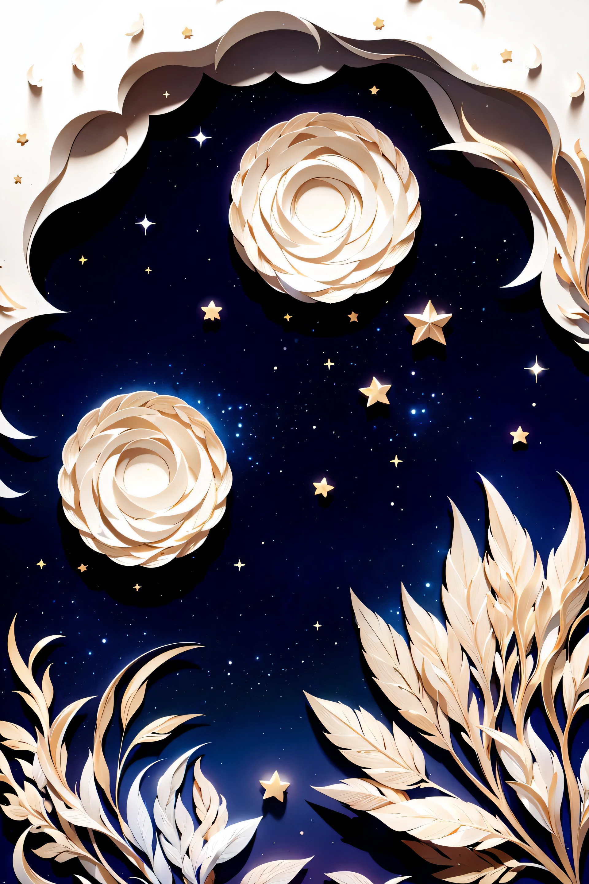 masterpiece, best quality, high resolution, ultra detailed, dark night, constellation, crescent moon, galaxy, glasses, gradient sky, milky way, partially underwater shot,  starry background, starry sky, starry sky print,twilight,(paper_cut:1.15), (white background:1.1),