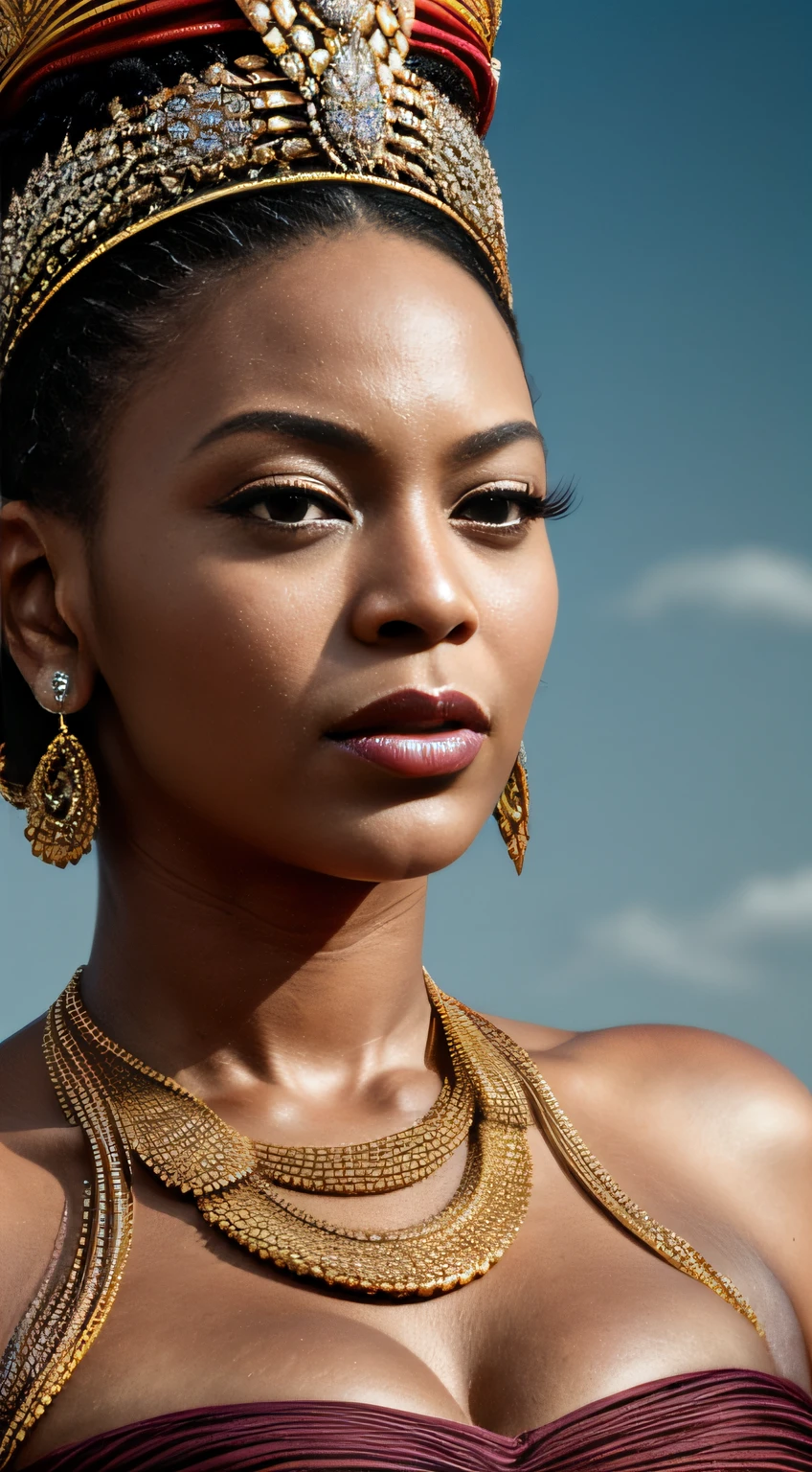 Photo by Beyoncé as an African Royal Queen, cinematic, details, skin pores, textures, jewlery, power, dramatic