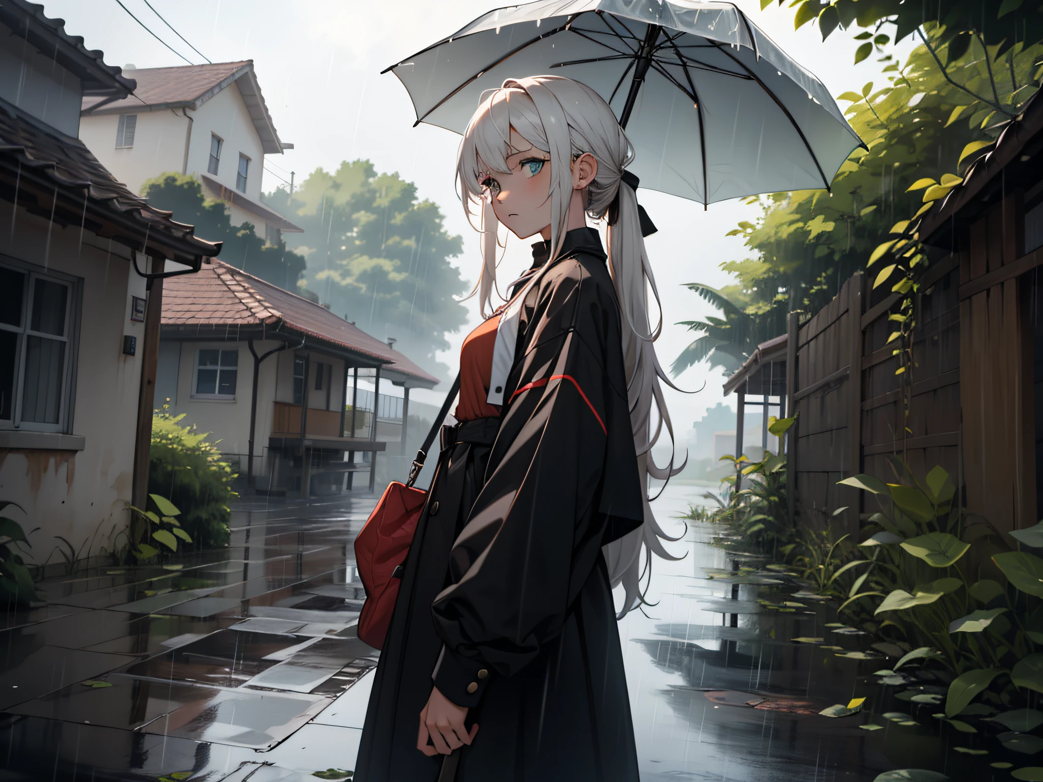 {1 person}, solo, beautiful detail eye, {{{masterpiece}}, {{highest quality}}}}, {{super detail}}, {illustration}, cinematic angle, {beautiful detail eye}, {detail light}, cinematic lighting, rain, in a vast countryside area, a girl with a closed red umbrella stands. She is wetting her long hair and looking around with a troubled expression.

Raindrops drip down her hair, and small puddles form on the ground. There are pale wrinkles between the girl's eyebrows and anxiety oozing from her eyes. In her hand is a closed umbrella, which seems to symbolize the hesitations and troubles of her heart.

The countryside is beautiful and the scenery is green. However, the figure of the girl also looks lonely in its beauty. There is silence in the surroundings, only the sound of rain.

She stares into the distance, but seems at a loss as to where to go. Standing with your umbrella closed, it shows that you are faced with a choice. There is a deep conflict and a stirring of the heart inside her, and her expression speaks for itself.

This scene will make the viewer feel the inner struggle and confusion of the girl and the loneliness of the beautiful countryside. Paintings that depict the girl's inner struggles and choices evoke the ups and downs of contemplation and emotions in the viewer, and will make them think about the story.