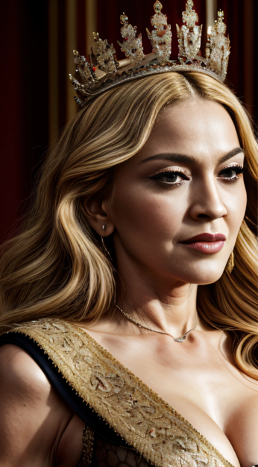 Photo of Madonna as a Royal Queen, cinematic, details, pores on skin, textures