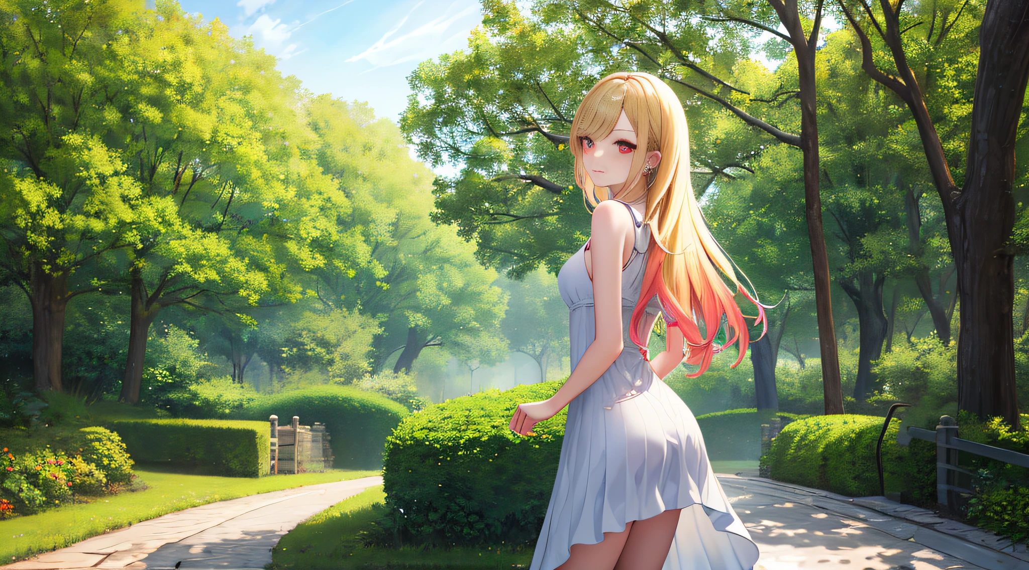masterpiece, best quality, highres, hd, beautiful face, kitagawa marin, 1girl, blonde hair, long hair, multicolored hair, red eyes, jewelry, earrings, piercing, white summer dress, soft smile, standing, nice ass, outdoors, summer