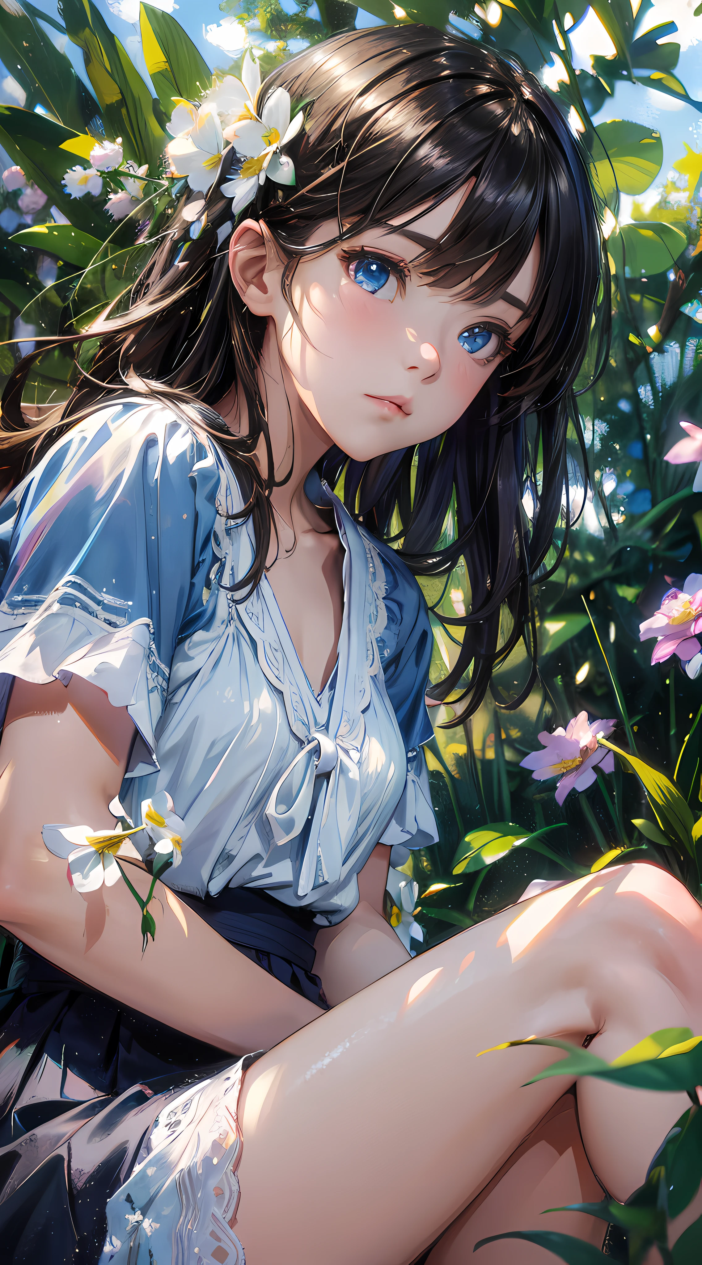 girl, (sky:1.6), sitting, side shot, flowers, (masterpiece, best quality, perspective, depth of field:1.5), beautiful face, from below, 8k, raw photo, absurdres, woods, (impressionism, Tom Thomson, Claude Monet, Joaquín Sorolla, James Wilson Morrice, John Fabian Carlson, Hugh Henry Breckenridge:0.8), HDR, photorealistic, film grain, chromatic aberration, highres, ultra detailed, finely detail, dynamic lighting, dramatic lighting, shadow, sharp focus, extremely detailed eyes and face, sharp pupils, realistic pupils