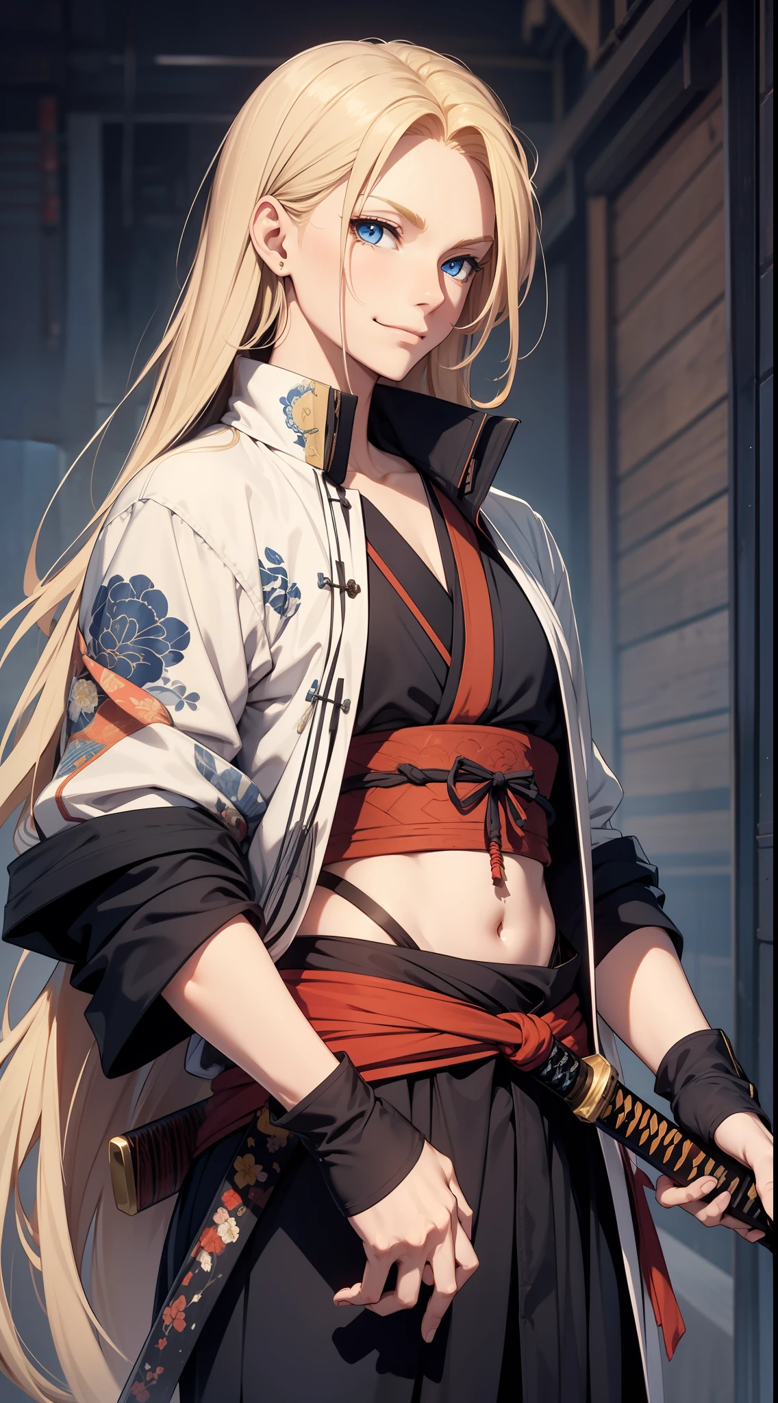 Tall guy, long blond hair, blue eyes, smirk, samurai clothes, sheathed katana, masterpiece, high quality