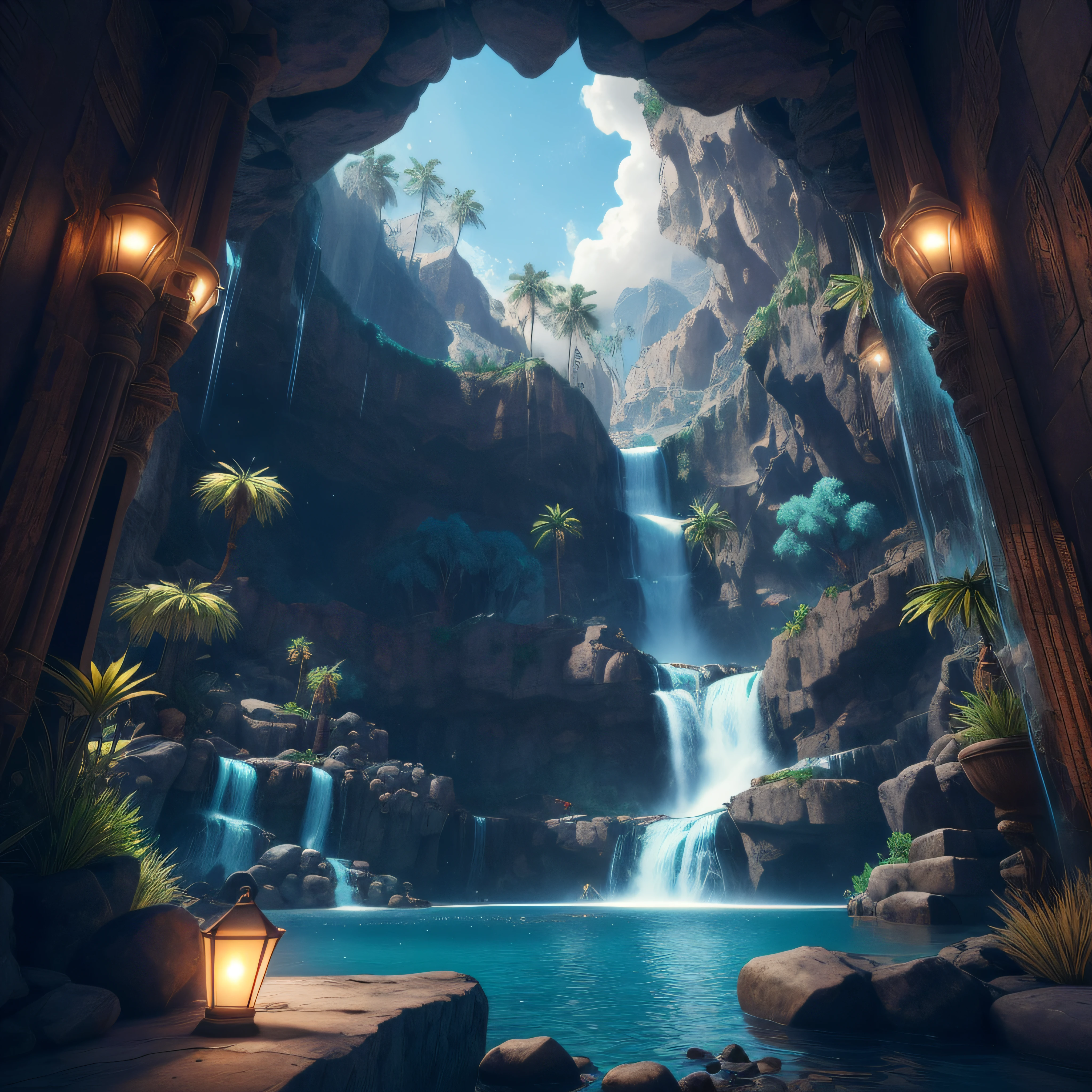 incredible Na'vi-inspired luxurious futuristic store interior in Ancient Egyptian style with many ((lush plants)), (lotus flowers), ((palm trees)), rocky walls, (sand), ((waterfalls)), (marble), ((precious minerals)), ((metals)), (gemstones), crystals, clouds and ((water)), (hieroglyphics), ((trees and plants made out of gemstones and precious minerals and lights)), (((ultra luxury))), (black marble) with ((beautiful lights)), Unreal Engine, UHD, 64k