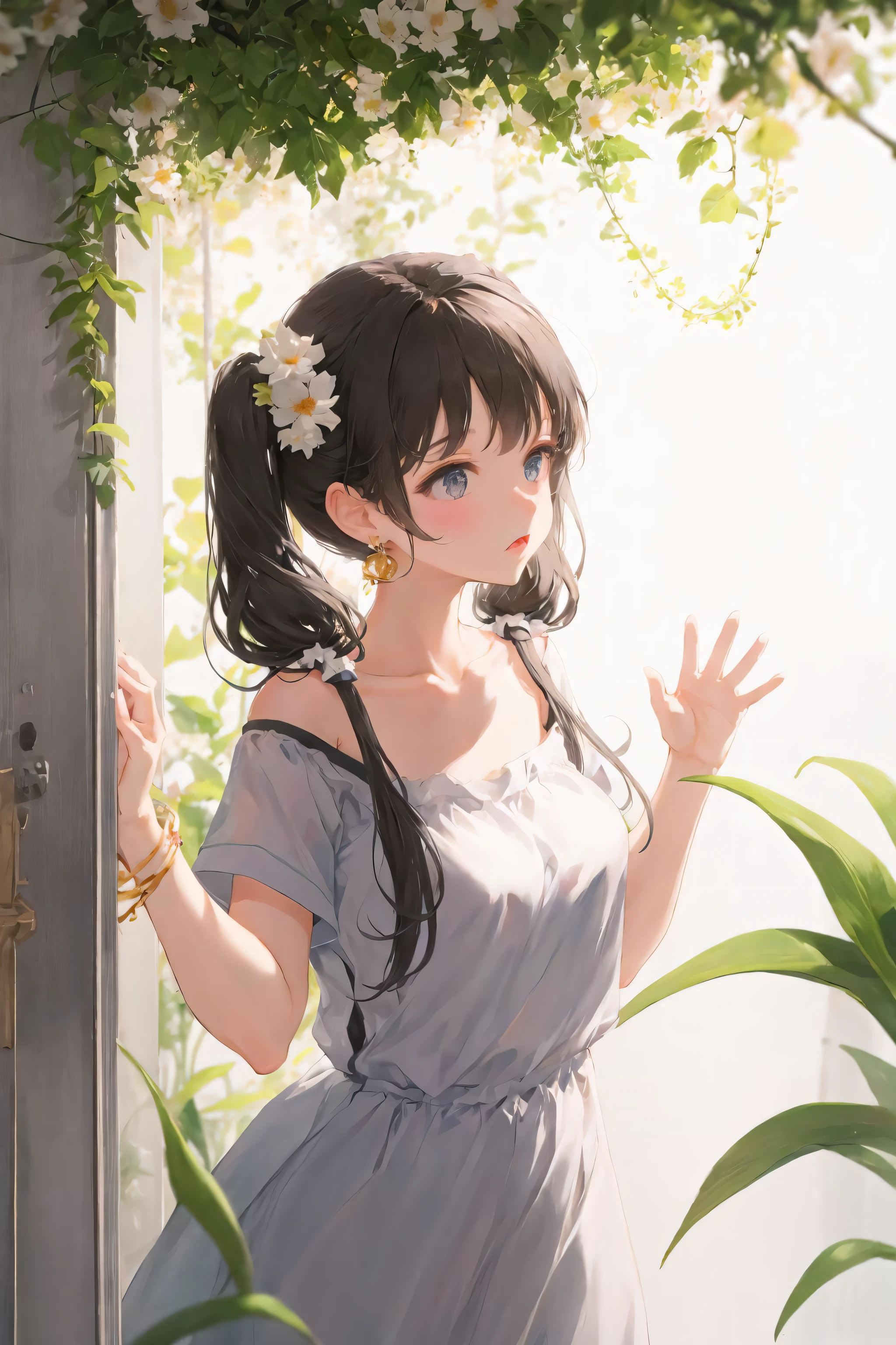 1girl, solo, flower, dress, white dress, long hair, black hair, twintails, short sleeves, white flower, bangs, low twintails, artist name, jewelry, holding, hands up, closed mouth, plant