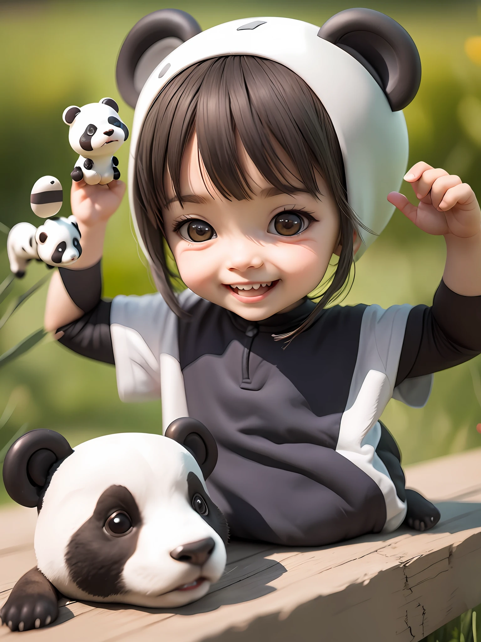 A cute  girl is especially happy playing with the panda 🐼