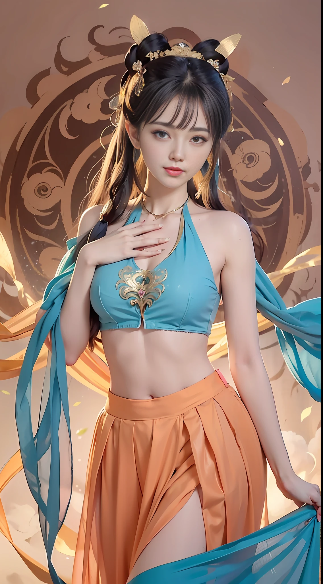 Bust photo, face close-up, face shot, a beautiful woman, messy hair, girly, symmetrical bun, hair accessories, jewelry, delicate face, (color halter neck clothes: 1.5), (orange split lower skirt 1.7), (gold pattern: 1.5), crop navel, open belly, Dunhuang style, lots of streamers, delicate skin, soft light effect, delicate and smooth hair, delicate details, eye highlights, fair skin, fine portrayal, extreme details, cinematic quality, thin, slender, broken, hair details, thin bangs, shawl hair, correct body, shadow, air bangs, 8K, super fine, fine fabric texture, soft, smooth, smooth texture, ((Dunhuang style) ))))),