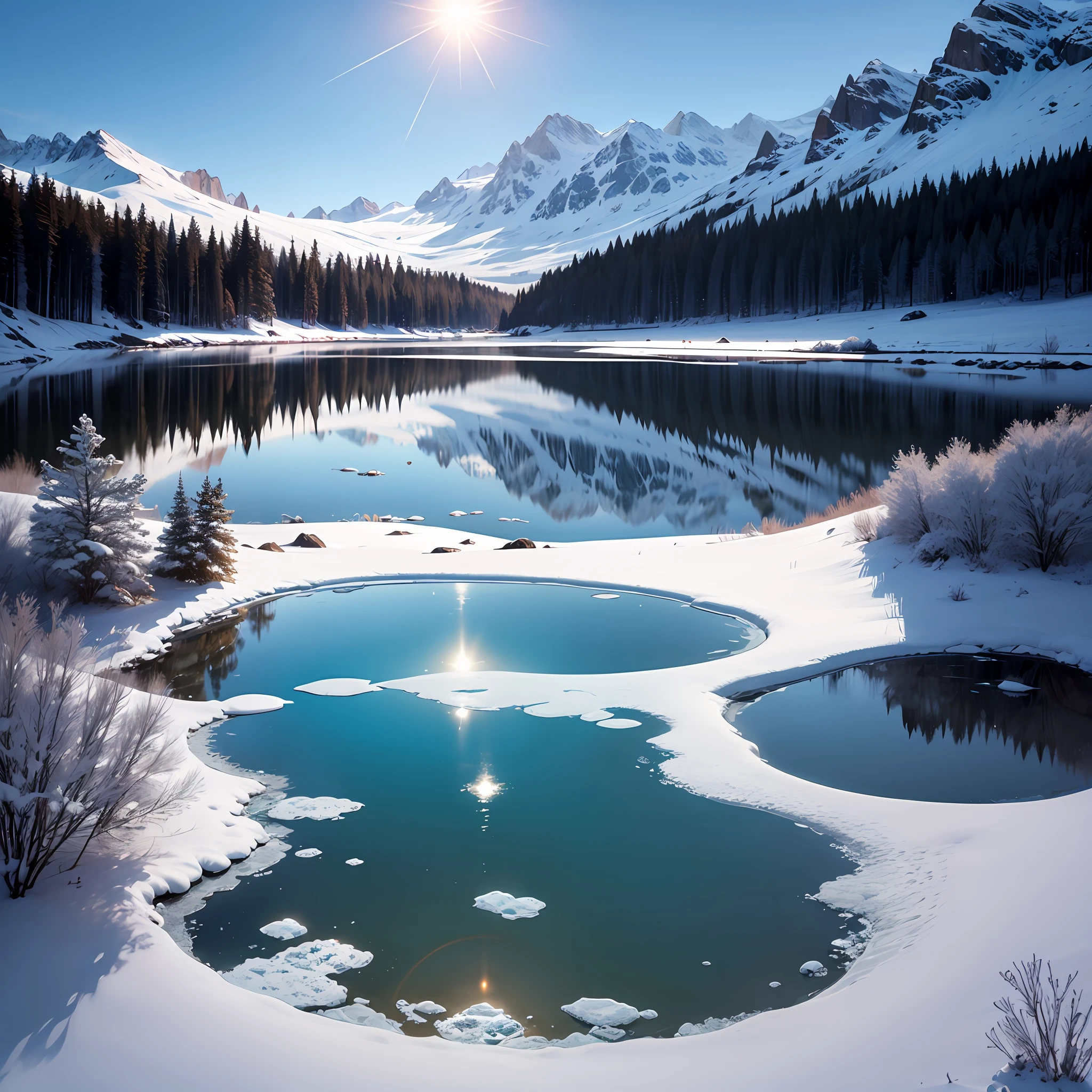 Icy place with a spectacular sun is a frozen lake --auto