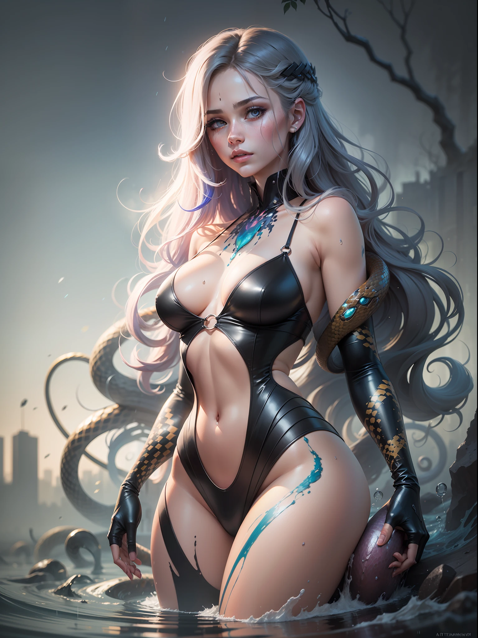 a full-body portrait of a snake woman made of snake, in a lake, hair of thousands of small golden snakes, wet, natural body posture, rain, Art by Alberto Seveso, by Carne Griffiths, by Wadim Kashin, by jean baptiste monk, symmetrical, abstract art style, complex and intricate watercolor painting, sharp eyes, digital painting, explosion of colors, concept art, volumetric lighting, TanvirTamim, metallic reflections, 2d rendering, 8k. by artgerm, trend in artstation