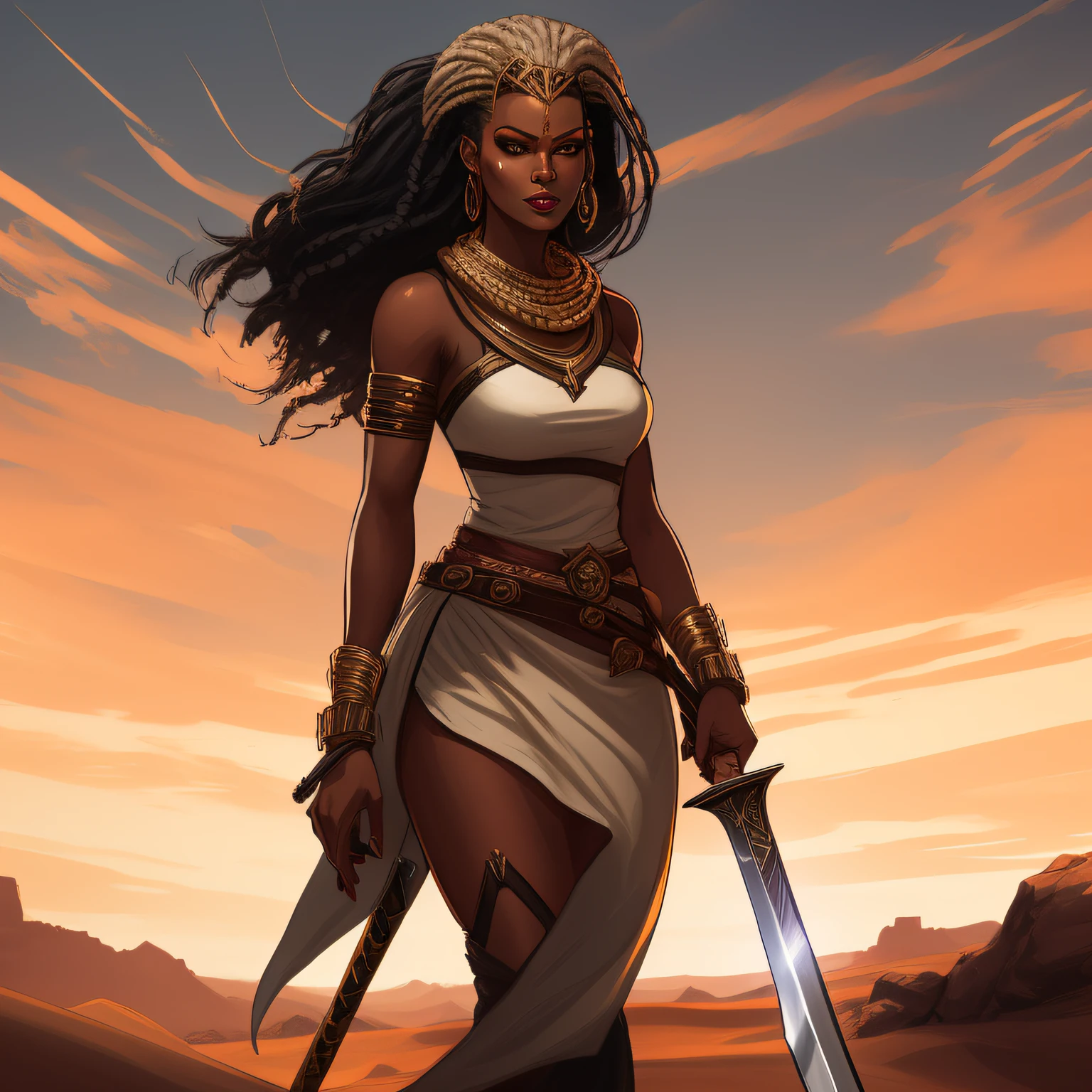 a close up of a woman with a sword in a desert, she is holding a sword, dark skin female goddess of love, warrior woman, beautiful female warrior, a beautiful woman warrior, female warrior, samira from league of legends, warrior girl, warrior princess, warrior queen, beautiful full body concept art, portrait of ororo munroe, north female warrior --auto