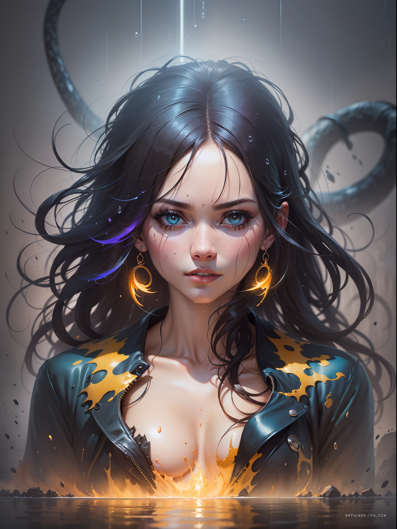 a full-body portrait of a snake woman made of snake, in a lake, hair of thousands of small golden snakes, wet, natural body posture, rain, Art by Alberto Seveso, by Carne Griffiths, by Wadim Kashin, by jean baptiste monk, symmetrical, abstract art style, complex and intricate watercolor painting, sharp eyes, digital painting, explosion of colors, concept art, volumetric lighting, TanvirTamim, metallic reflections, 2d rendering, 8k. by artgerm, trend in artstation