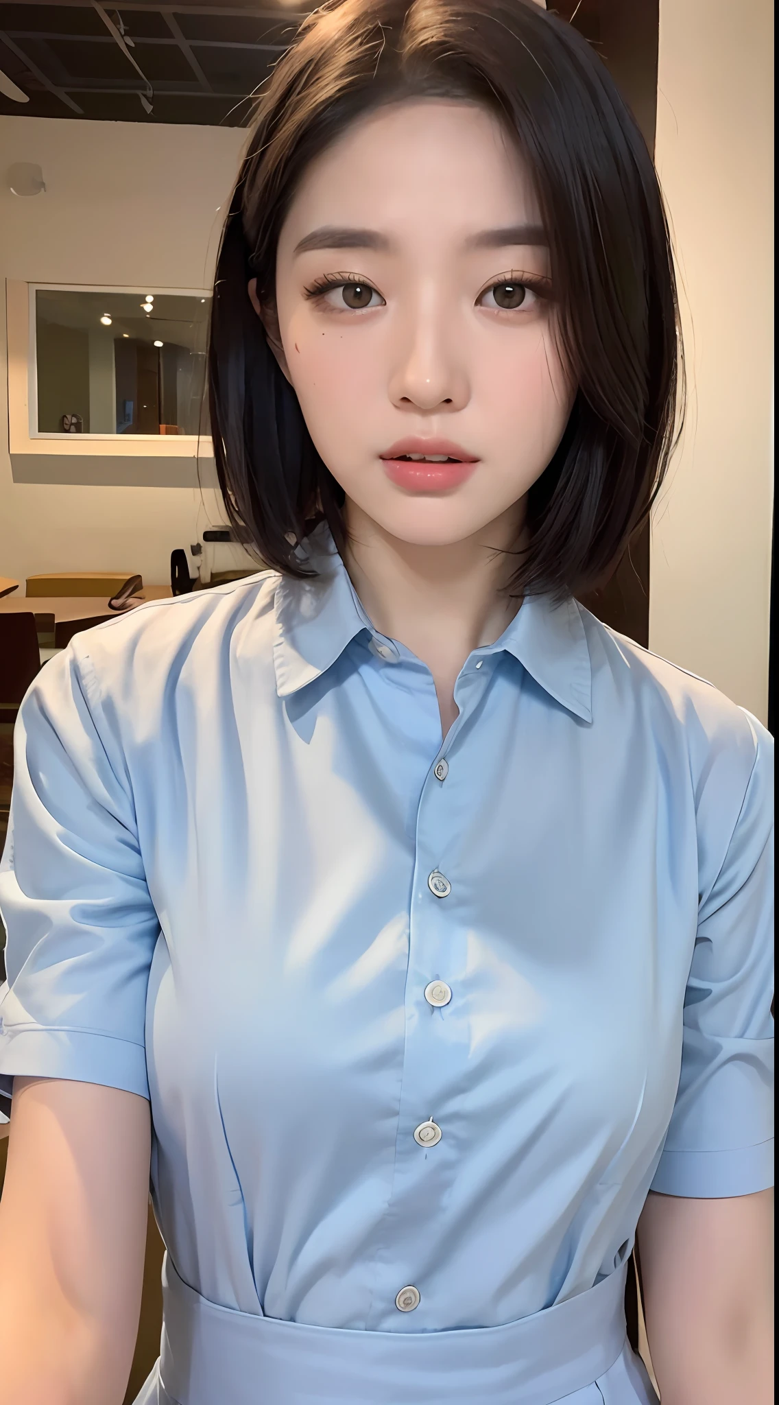 ((Best quality, 8k, Masterpiece :1.3)), Sharp focus :1.2, Perfect Body Beauty:1.4, ((Layered short hair: 1.2)), (shirtdress, indoor: 1.2), Highly detailed face and skin texture, Fine eyes, Double eyelids,