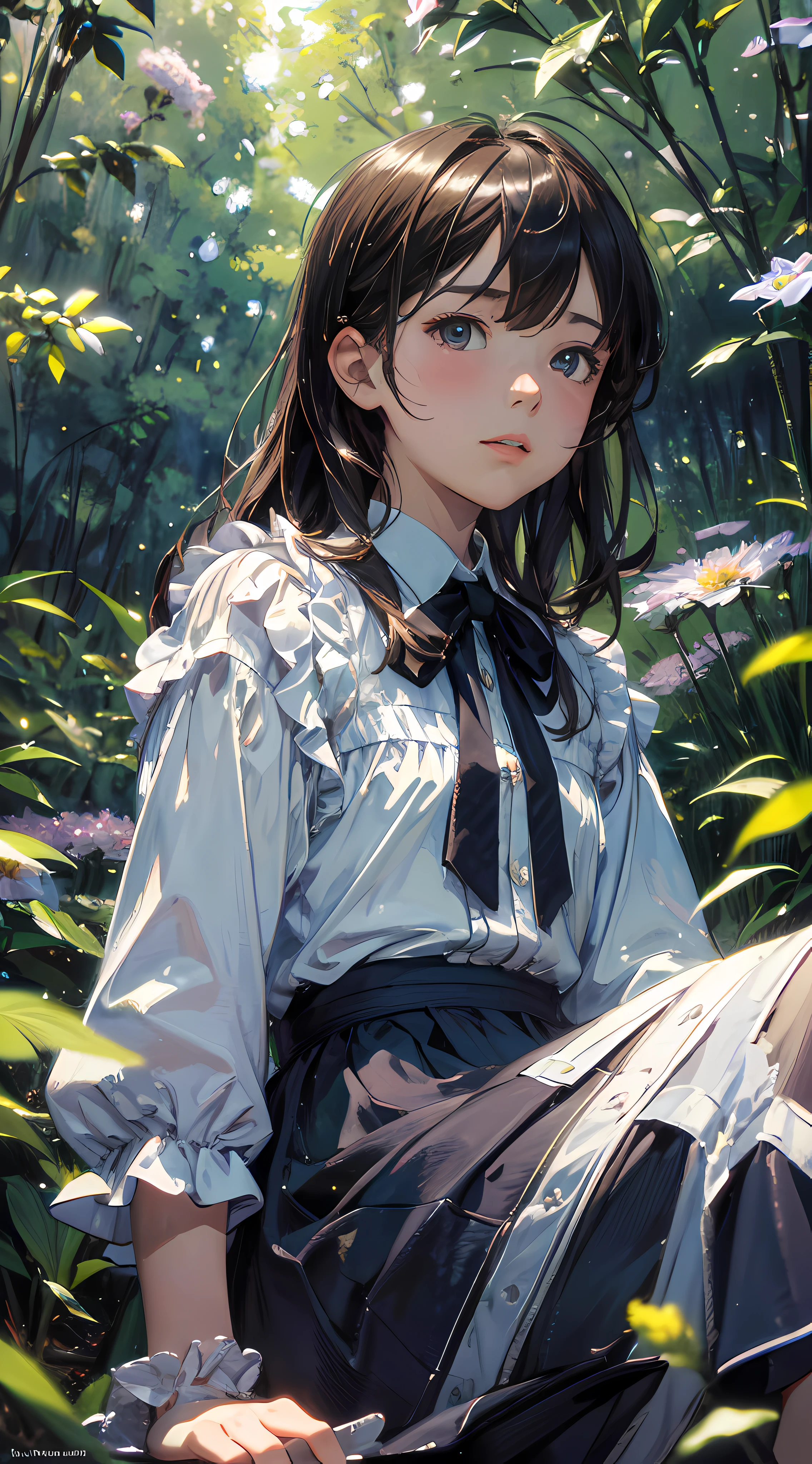 girl, sitting, side shot, (sky:1.6), flowers, (masterpiece, best quality, perspective, depth of field:1.5), beautiful face, thighs, from below, 8k, raw photo, absurdres, woods, impressionism, Tom Thomson, Claude Monet, Joaquín Sorolla, James Wilson Morrice, John Fabian Carlson, Hugh Henry Breckenridge, HDR, photorealistic, film grain, chromatic aberration, highres, ultra detailed, finely detail, dynamic lighting, dramatic lighting, shadow, sharp focus, extremely detailed eyes and face, sharp pupils, realistic pupils