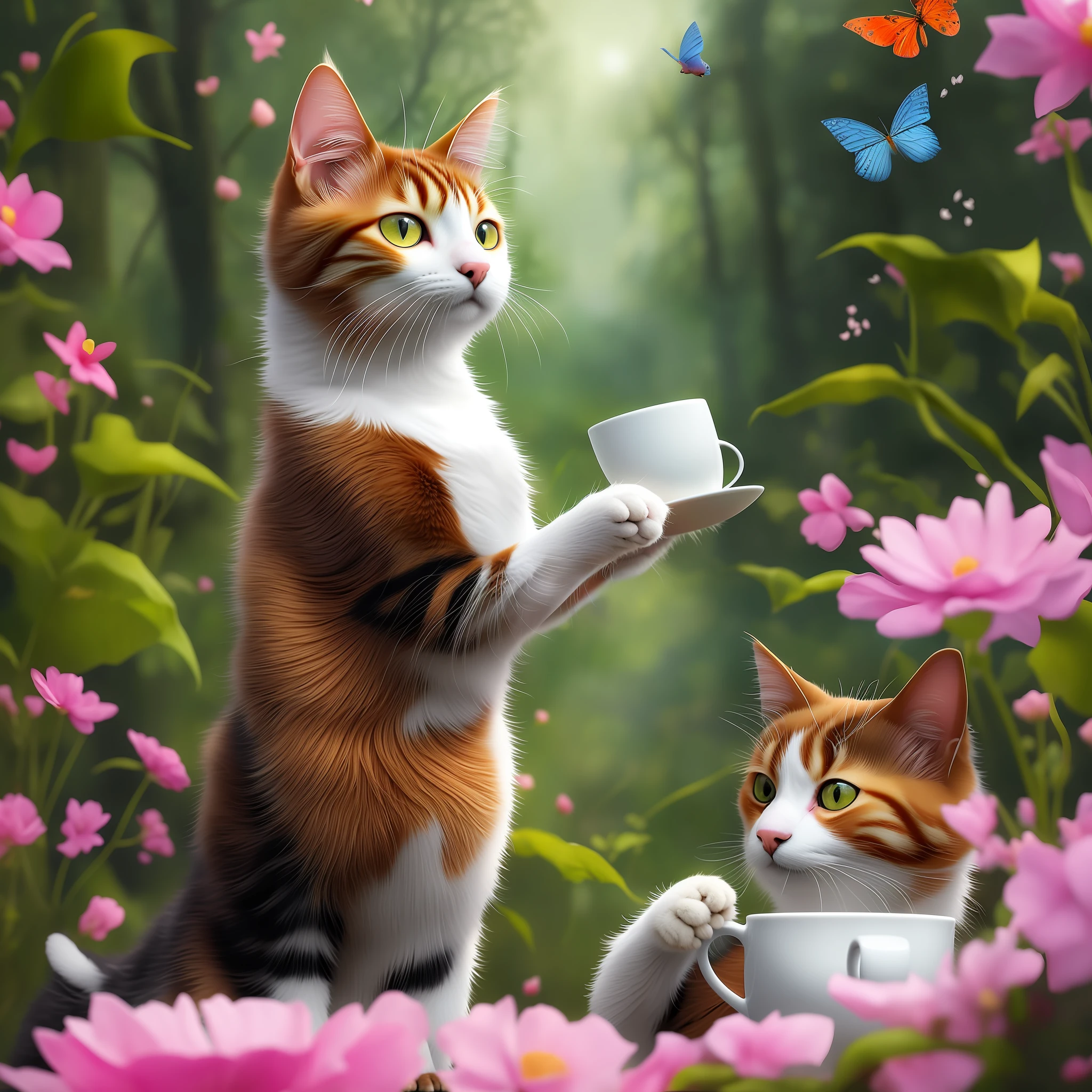 there are two cats that are standing in the grass with a cup, the cat is drinking tea, cat in the forest, a cat sipping coffee, cat. digital painting, by Nil Gleyen, adorable digital painting, by Alison Kinnaird, highly detailed composition, by Igor Grabar, artistic rendering, illustration of 2 cats, cheshire cat drinking tea