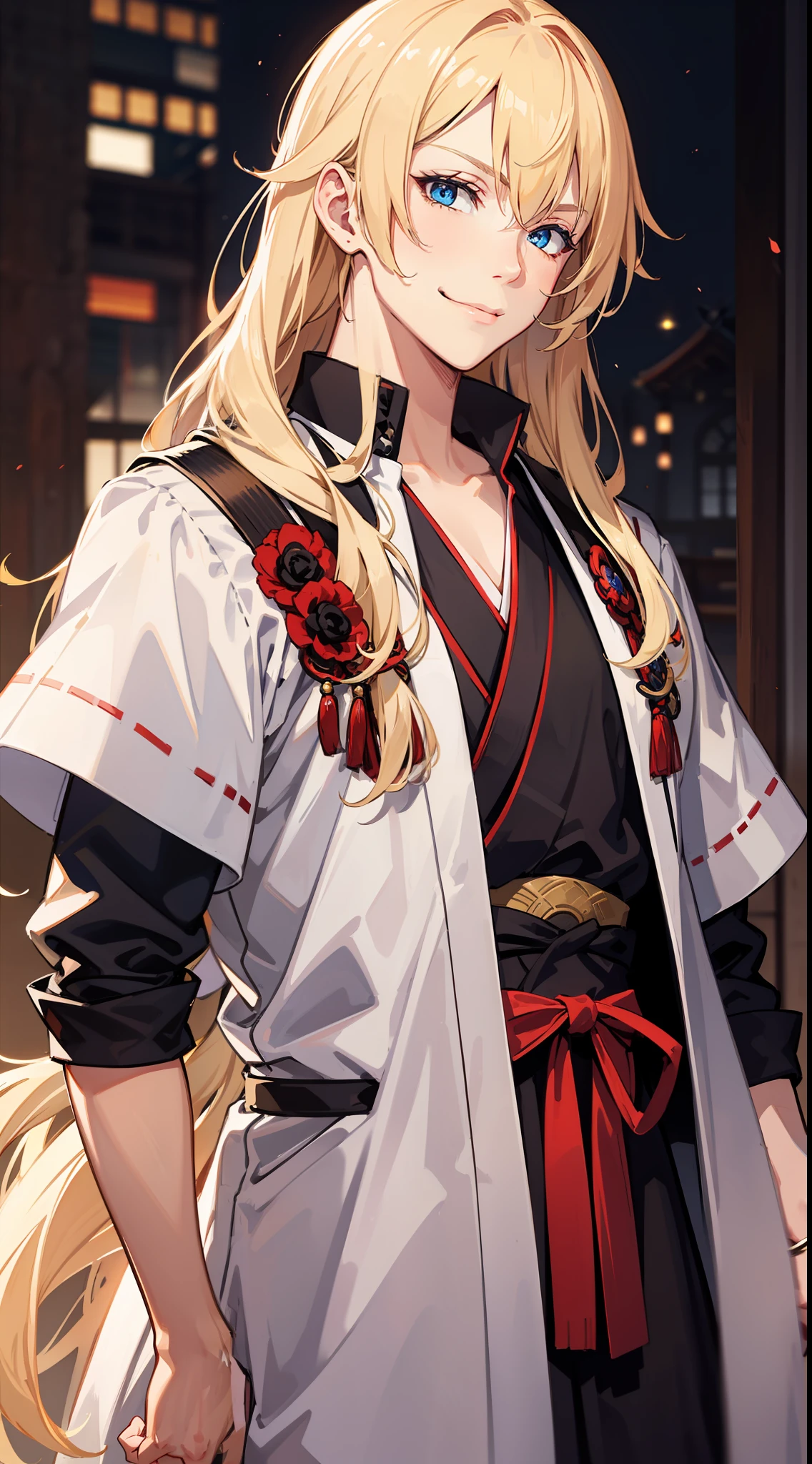 Tall guy, long blond hair, blue eyes, smirk, samurai clothes, sheathed katana, masterpiece, high quality