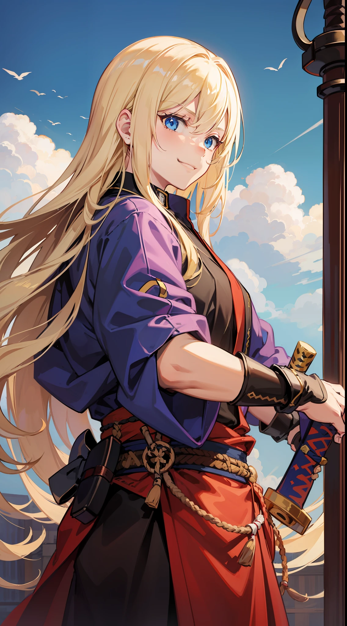 Tall guy, long blond hair, blue eyes, smirk, samurai clothes, sheathed katana, masterpiece, high quality