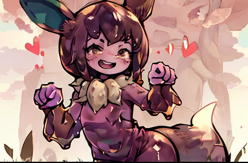 Pokekid, brown jumpsuit, hood, grass, outdoor, beautiful, masterpiece, best quality, extremely detailed face, perfect lighting, 1girl, open mouth, smile, happy, cute, teeth, paw pose, hips, lineart, 2d, muscluar, absurdres, 1girl, ((monster girl, slime girl,)), liquid, dripping, anthro slime, (furry female:0.85), colored skin, pink skin.