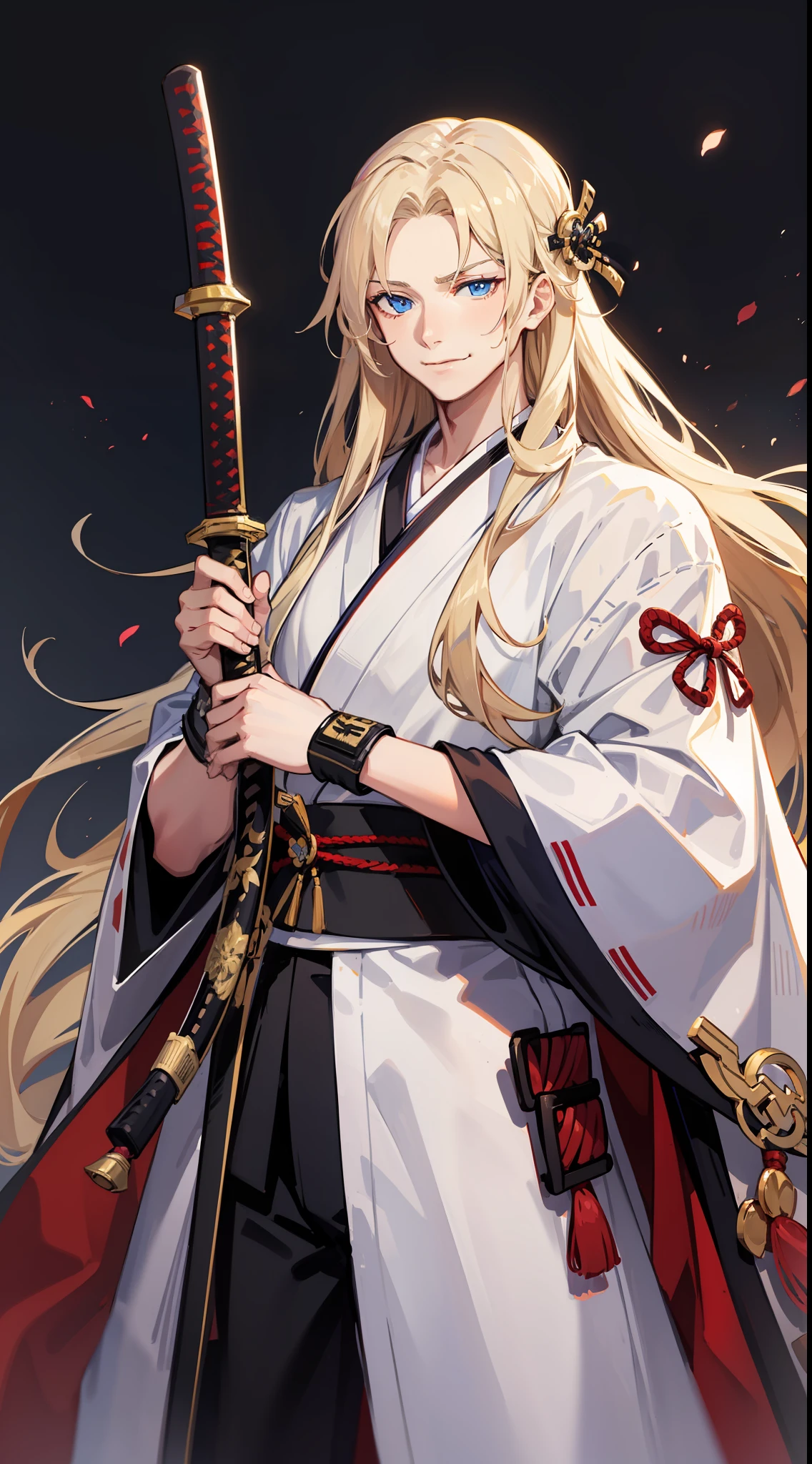 Tall guy, long blond hair, blue eyes, smirk, samurai clothes, sheathed katana, masterpiece, high quality